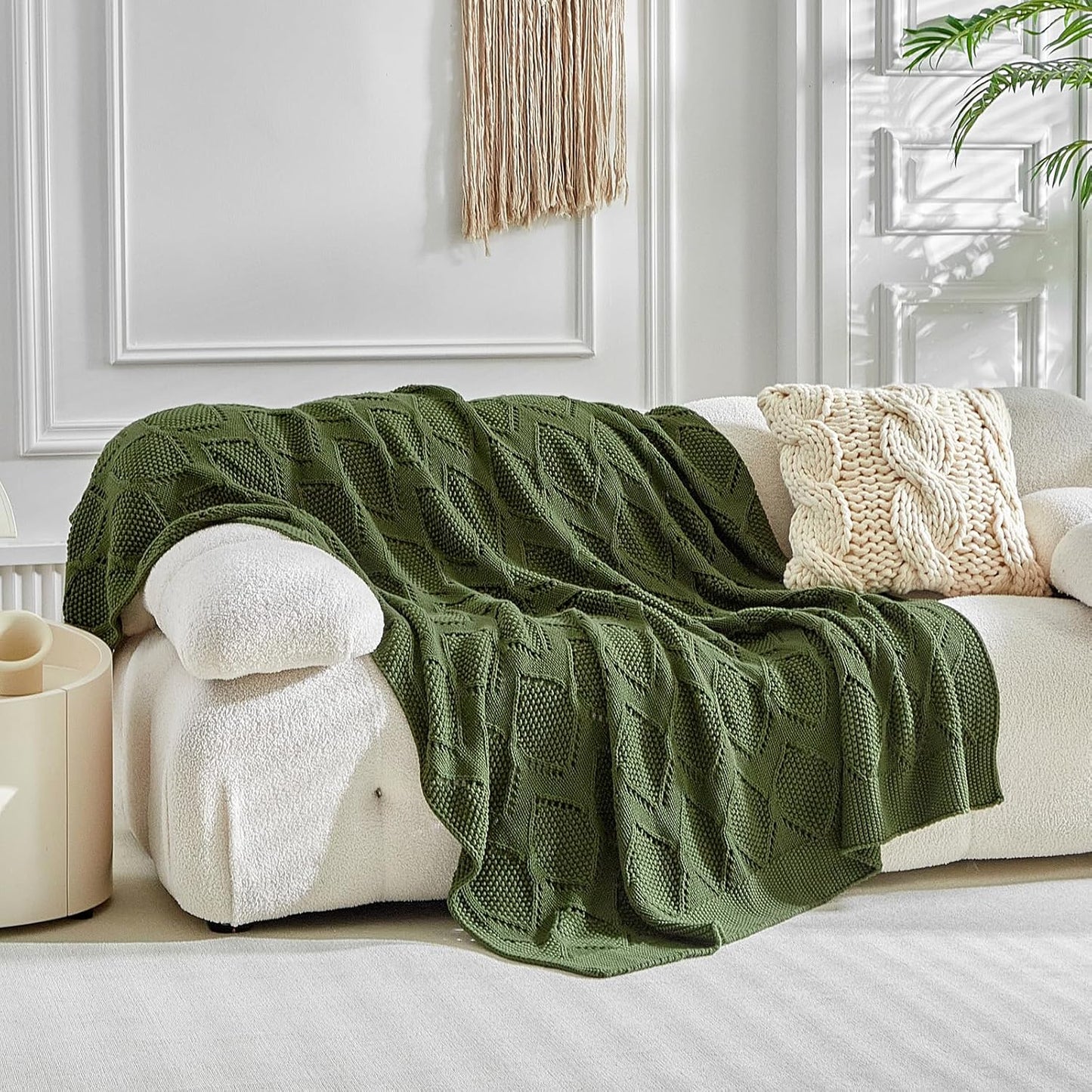 Longhui bedding Chunky Cotton Knit Throw Blanket for Couch, Sofa, Bed, or Chair, Decorative Breathable Fall Cable Knit Blanket 60 x 80 Inches, Large Olive Green