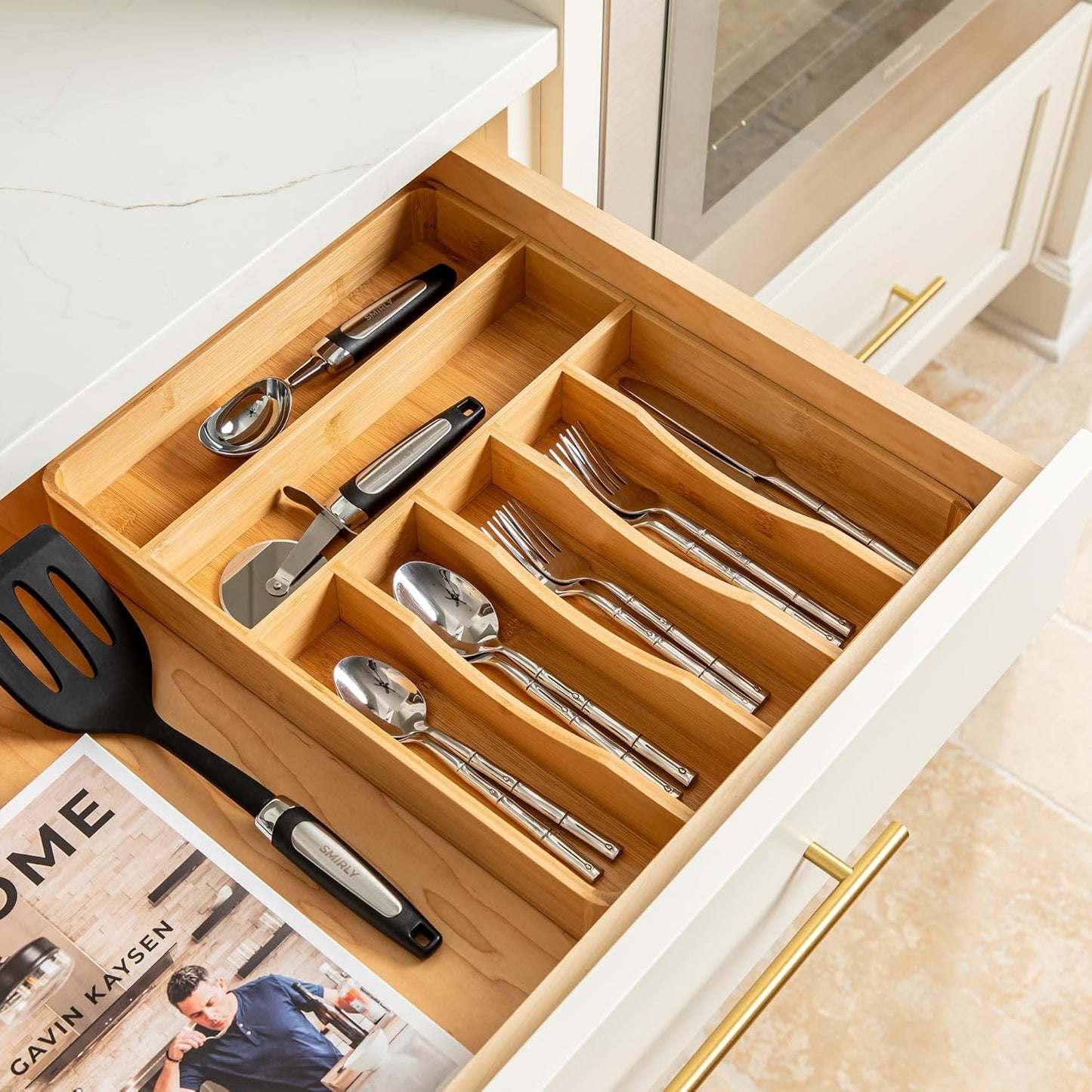 SMIRLY Silverware Drawer Organizer – Bamboo Kitchen Drawer Organizer, Adjustable Utensil Holder and Cutlery Tray, Drawer Dividers for Flatware and Kitchen Utensils