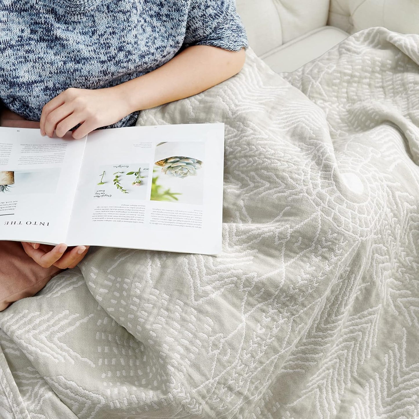 JINCHAN Boho 100% Cotton Muslin Blanket 3-Layer Twin Size Geometric Lightweight Reversible Soft Cozy Throw for Couch Sofa Bed All Season Coverlet Gift Bedroom Living Room Decor Light Grey 60x80 Inches