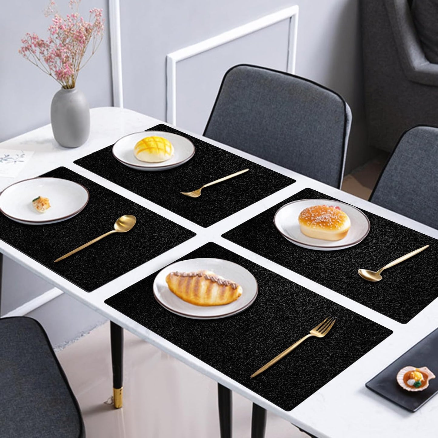 Faux Leather Placemats and Coasters Set of 6, Waterproof, Oil-Proof Wipeable, PVC Leather Place Mats, Anti Slip Heat Resistant Reversible Table Mats for Kitchen, Dining, Outdoor 17’’×12’’, (Black)