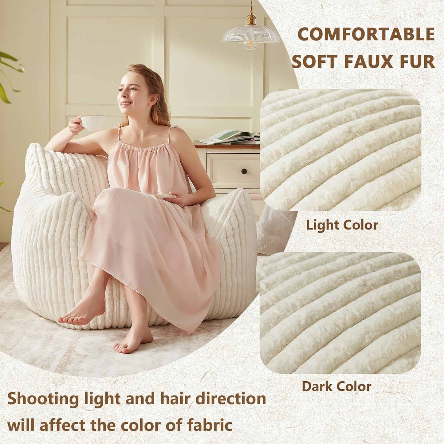 Giant Bean Bag Chairs for Adults Teens, Large Bean Bag Sofa Chairs with Filling Comfy Fuzzy BeanBag Chair with Armrests for Bedroom Living Room Reading