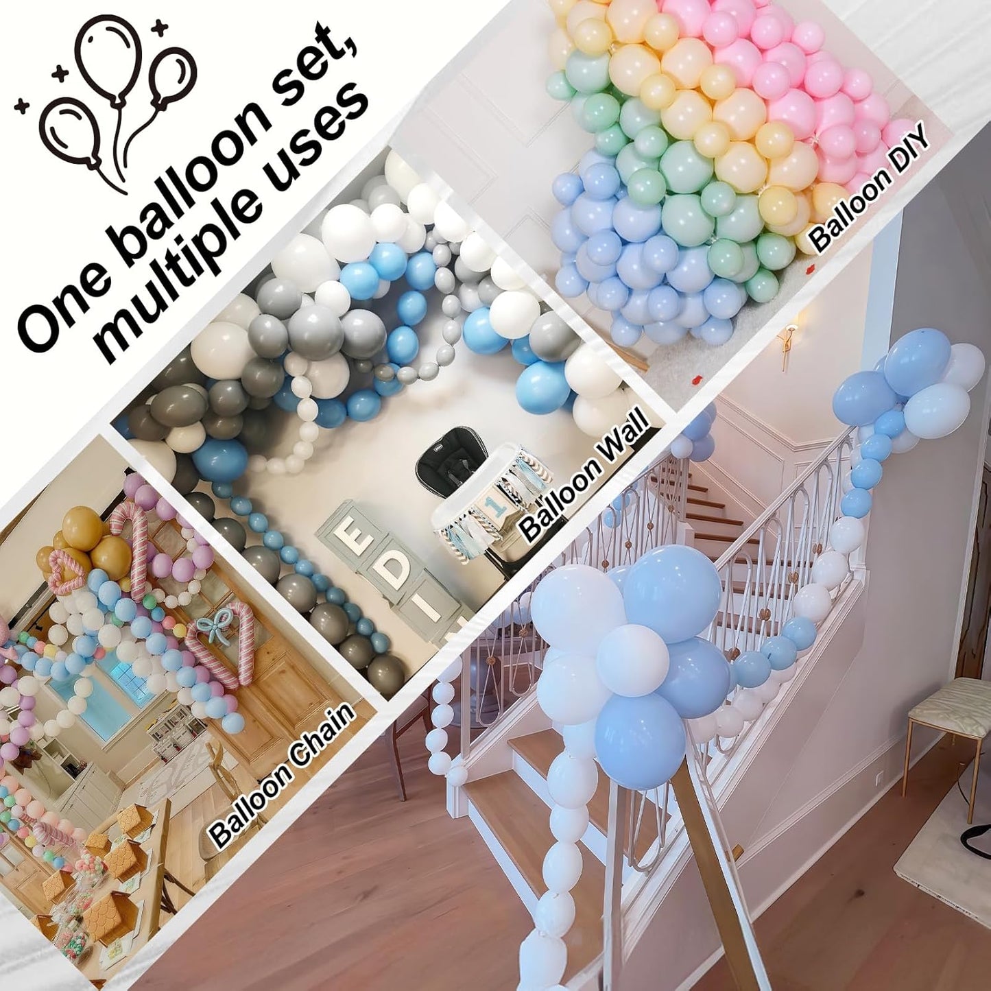 Blue and White Link Balloons, 60PCS Baby Light Blue White Linking Balloons with Tail for Making Balloon Wall Arch and Chains, Quick Balloon for Wedding Birthday Baby Shower Party Decorations (6inch)