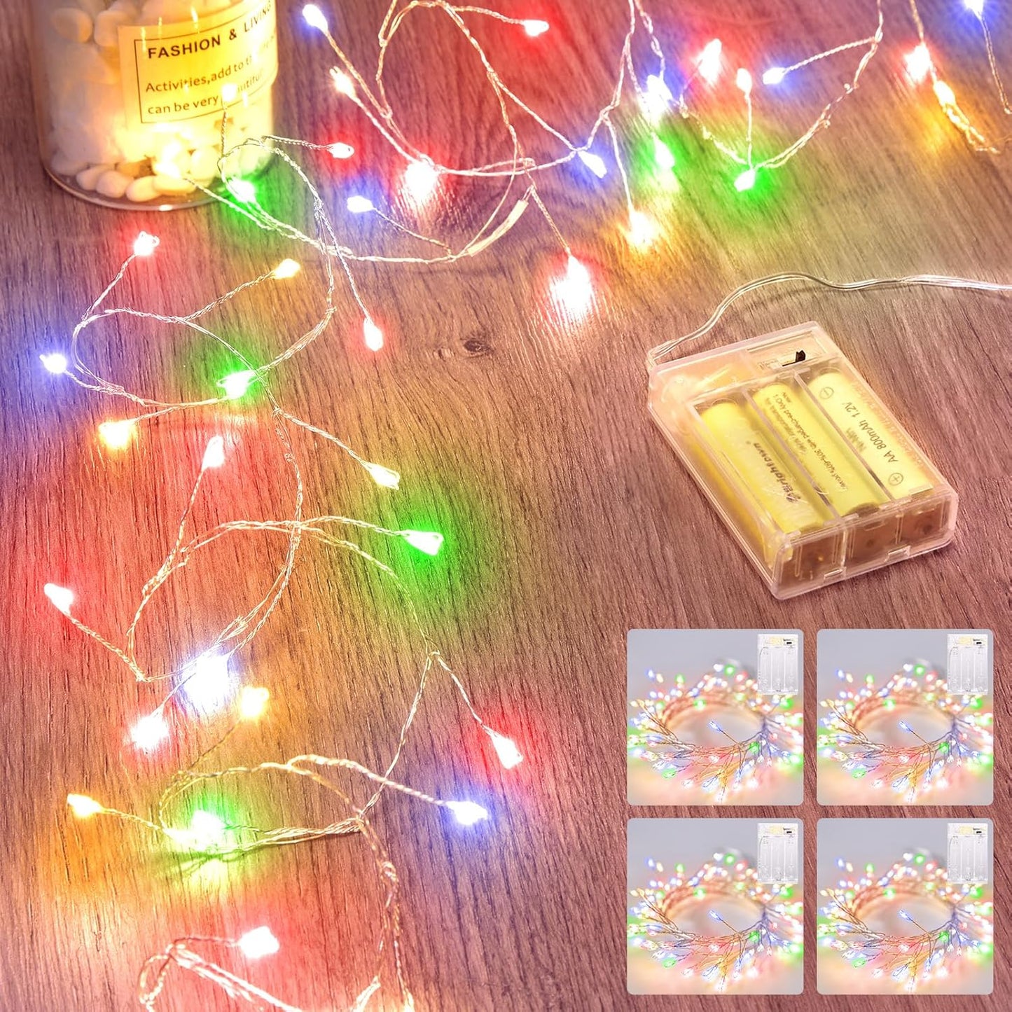 Minetom 4 Pack Fairy Lights Battery Operated, 5 Feet 60 Led Firecracker Starry Lights Waterproof Silver Wire String Lights for DIY Wreath Wedding Party Bedroom Mason Jar Holiday Christmas, Multicolor