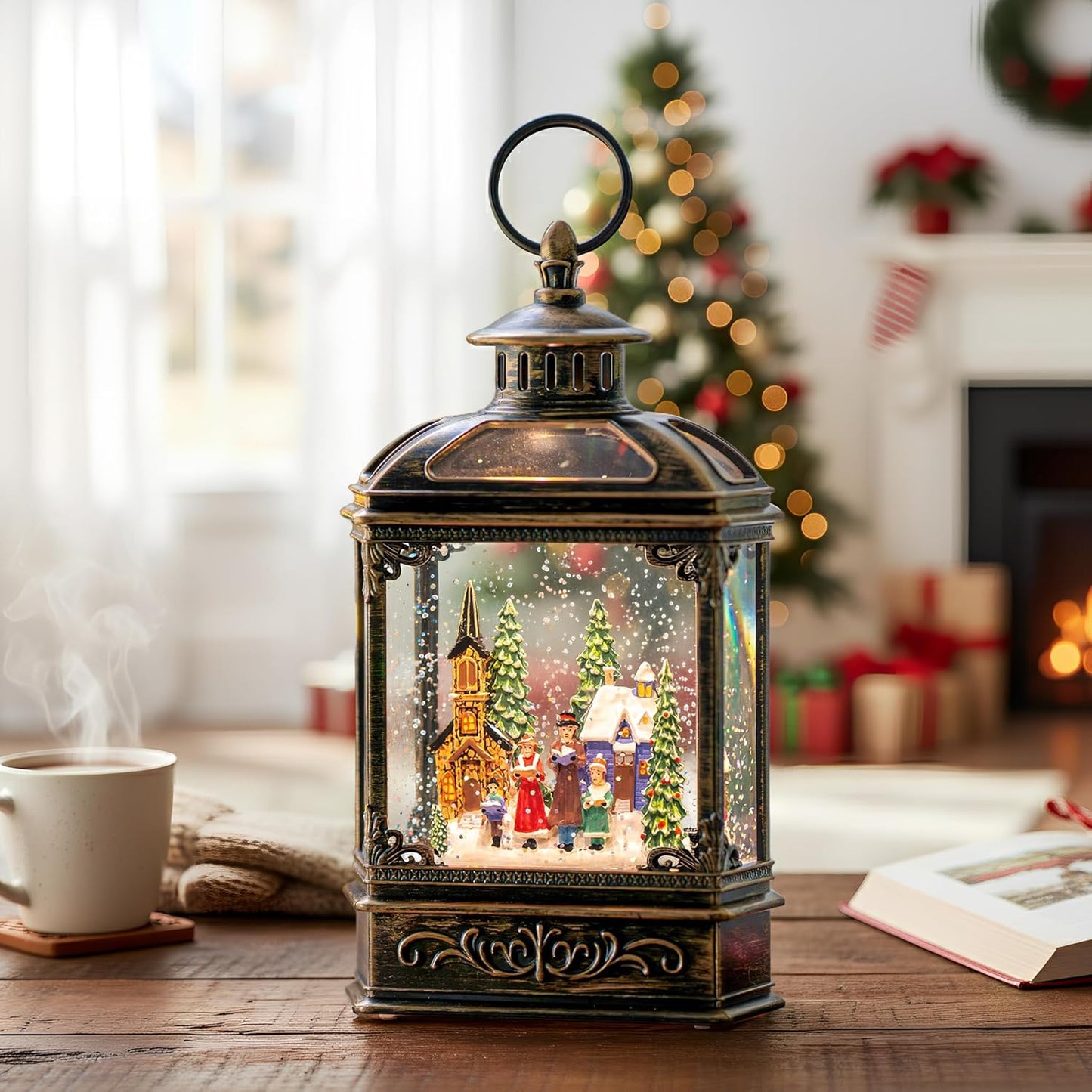 Christmas Snow Globe Lantern Water Glittering Town Home with Carolers, Music & Timer, USB Lined/Battery Operated Lighted Lantern for Christmas Festival Decoration Gifts