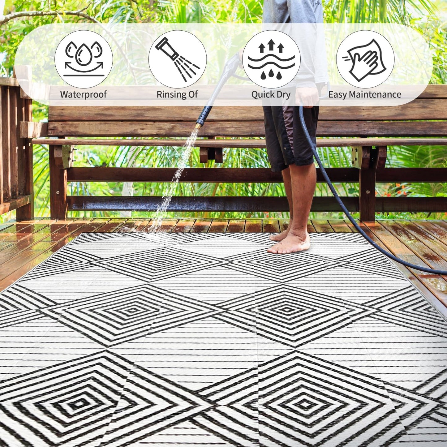 Waterproof Outdoor Rug 8x10ft, Foldable Reversible Plastic Straw Mat for Patio RV Deck Porch Backyard Balcony Camping Picnic Beach Indoor Outdoor Carpet, Black&White