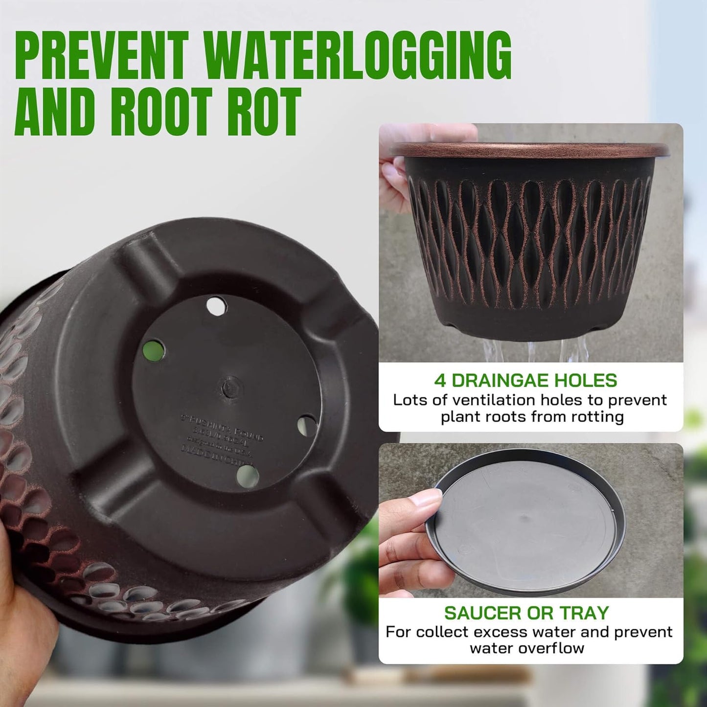 4 Pack 9 Inch Retro Plant Pots, Vintage Striped Flower Pots with Drainage Hole & Saucer, Large Plastic Planters for Indoor and Outdoor Plants, Decorative Garden Pots(Copper)