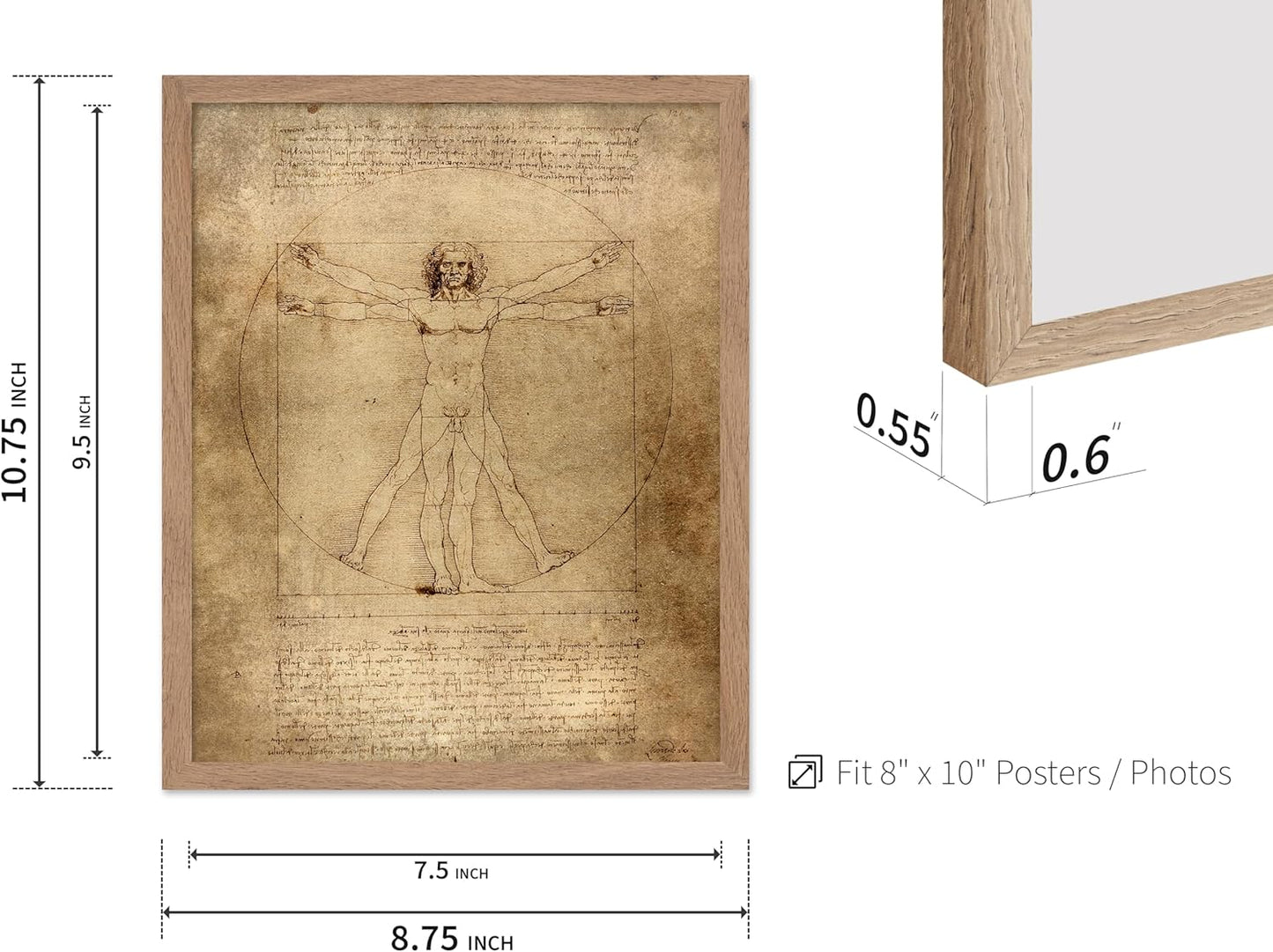 Poster Master Classic Leonardo Da Vinci Poster - Vintage Renaissance Print - Gift for Artist, Friend - Vitruvian Man, Proportion, Symmetry, Human Body - Wall Decor for Office, 8x10 Beige Framed