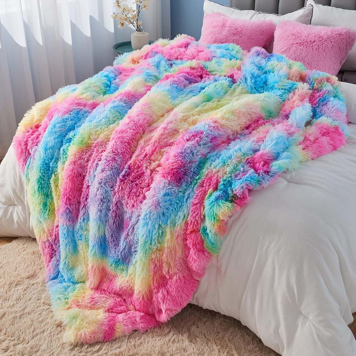 GONAAP Fuzzy Faux Fur Throw Blanket Queen Size Dark Rainbow Super Soft Cozy Plush Fuzzy Shaggy Blanket for Couch Sofa Bed (Dark Rainbow, Queen(90"x90"))