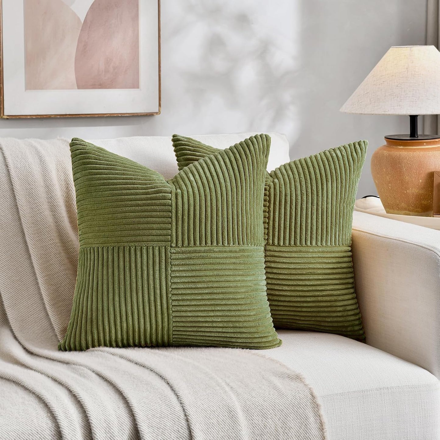 Fancy Homi 2 Packs Moss Green Decorative Throw Pillow Covers 16x16 Inch for Living Room Couch Bed, Rustic Farmhouse Boho Home Decor, Soft Corss Patchwork Corduroy Textured Square Cushion Case 40x40 cm