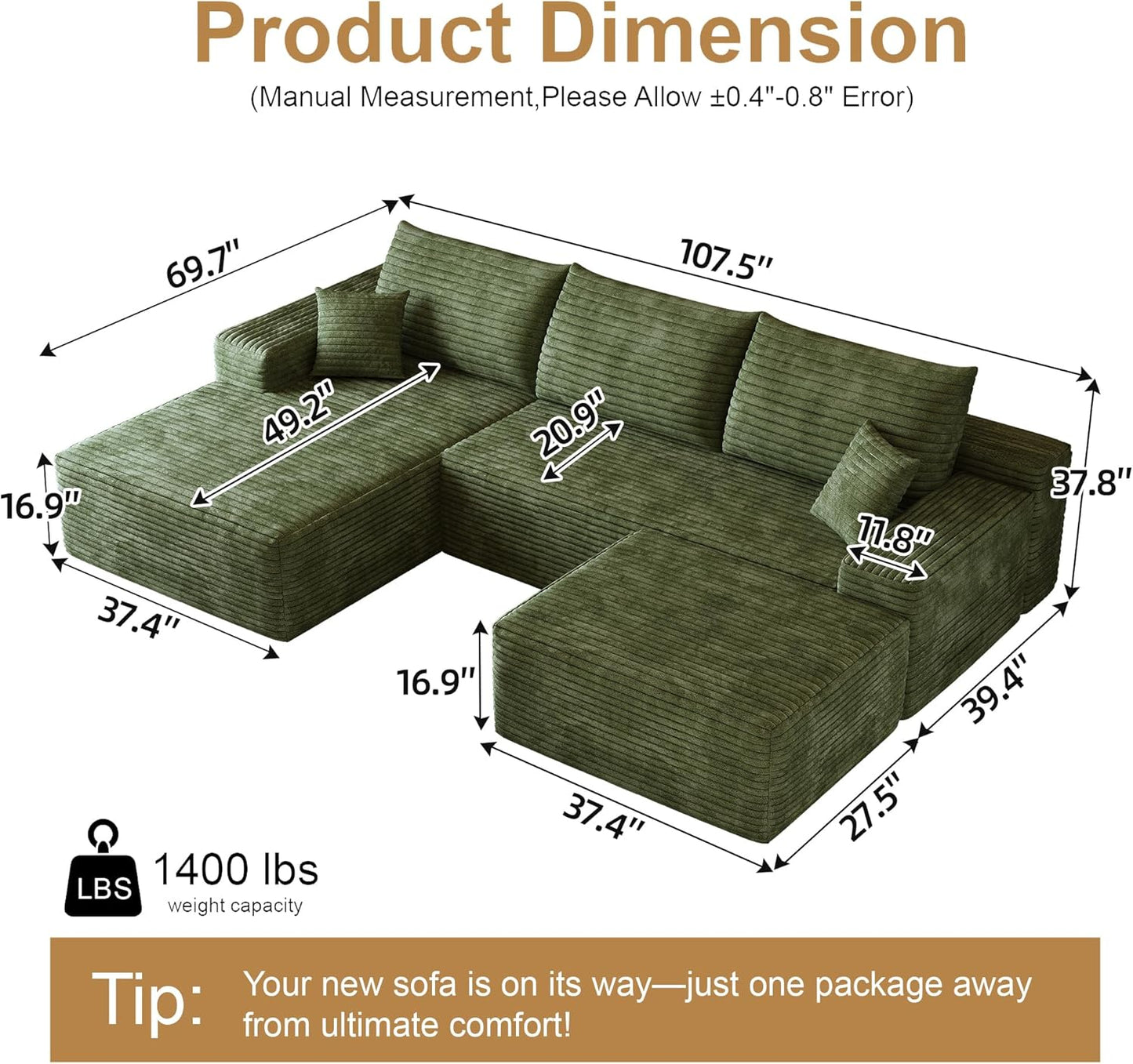 108" Sectional Couches for Living Room Modern Modular Sofa with L-Shape Couchs Upholstered Boneless Couch Deep Seat Sectional Couch with Chaise (Green, Left Facing Chaise+2Seaters+1Ottoman)
