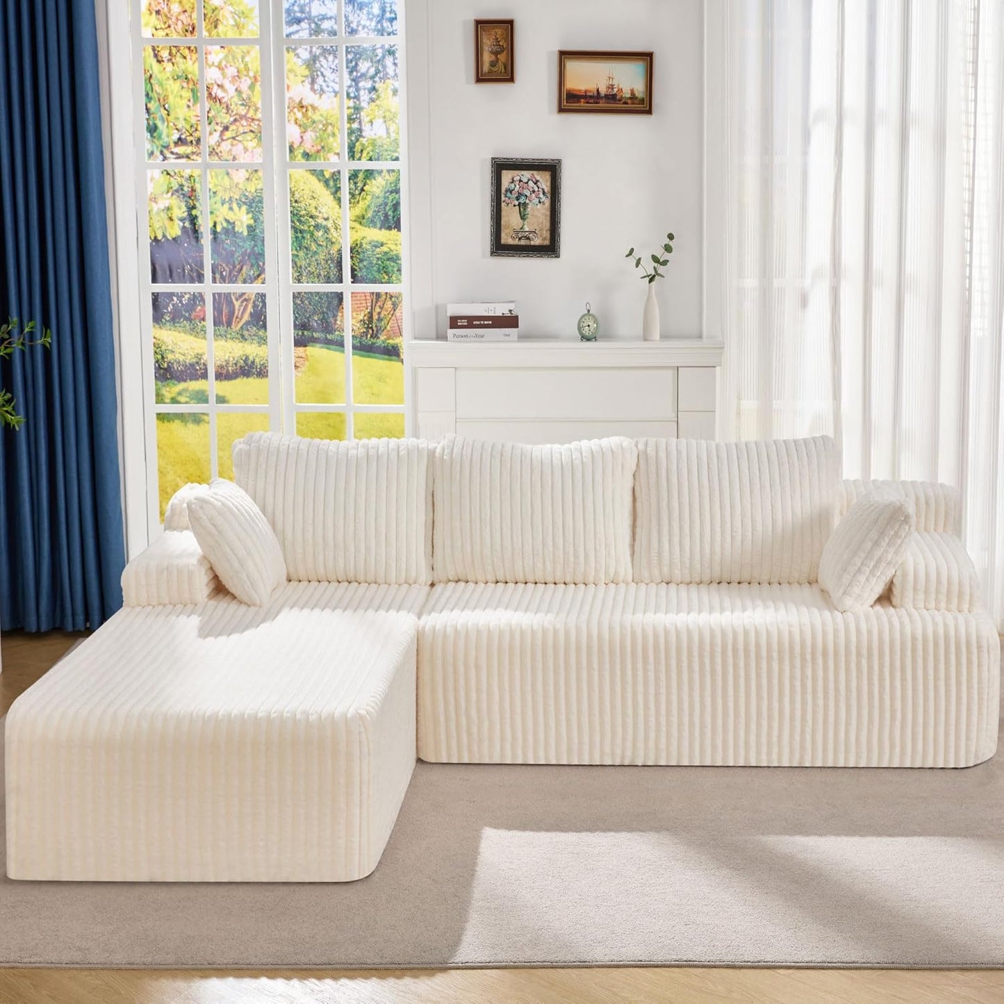 Hobestluk Modular Sectional Sofa Couches 108" L-Shape Couch 3 Seat Modular Sofa Memory Foam Sectional Couches for Living Room, Boneless Couch with Oversized Chaise (White, Left Facing)