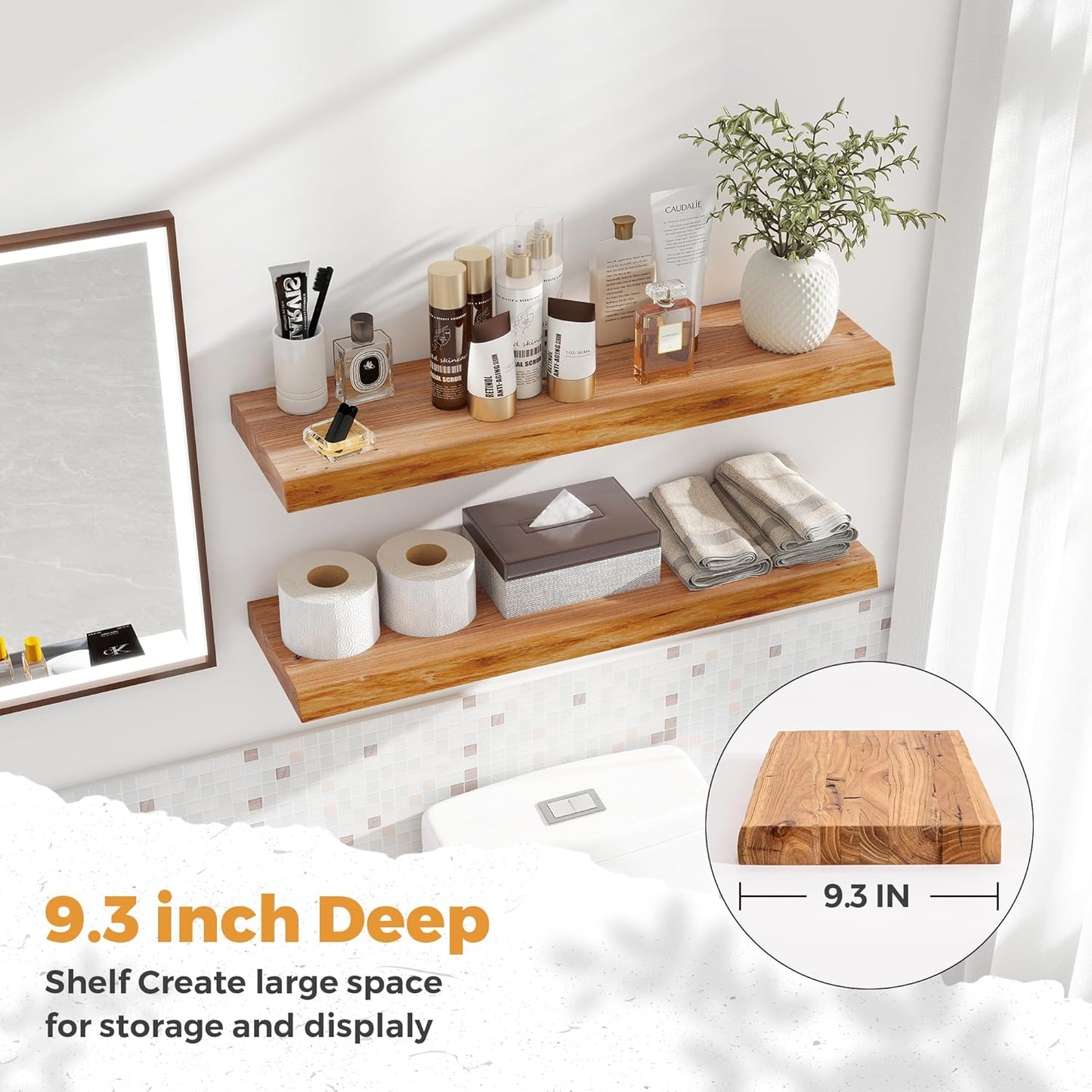 RICHFOCUS Live Edge Elm Floating Shelves - 30" W x 9.3" D Rustic Solid Wood Wall Shelves with Invisible Bracket, Wall-Mounted for Living Room, Bedroom, Kitchen Storage & Display, Set of 2, Natural