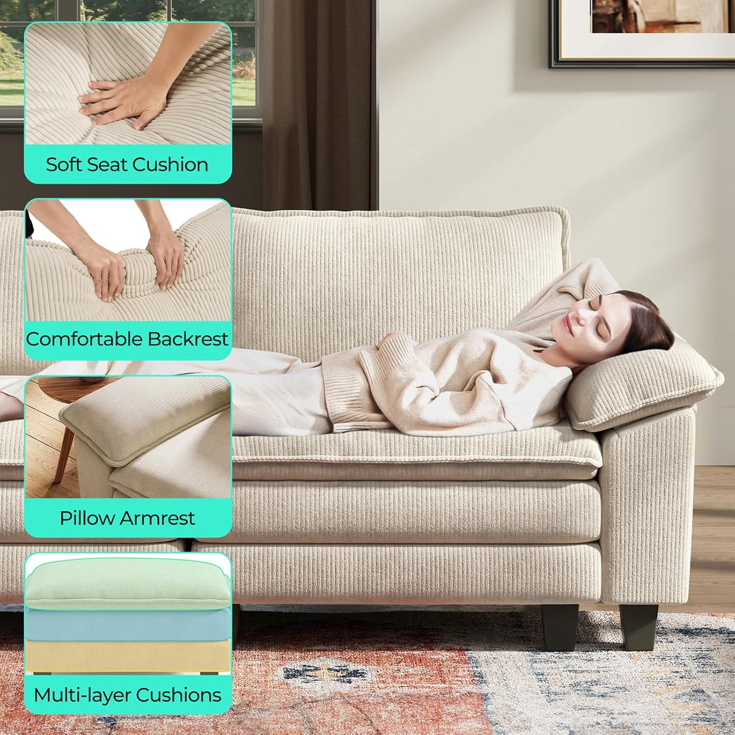 LINSY HOME Modular Sectional Sofa - 123'' Comfy Corduroy Cloud Sofa Oversized L Shaped Couch with Movable Ottoman, Soft Modern Sofa for Living Room Apartment, Beige