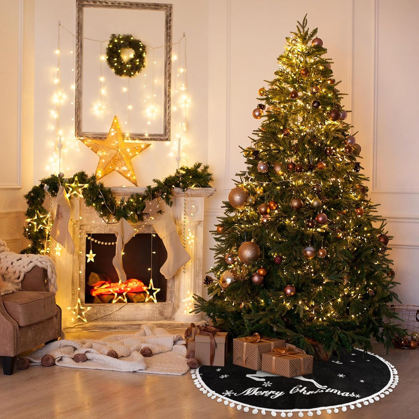 48 Inch Christmas Tree Skirt, Burlap Black Christmas Rustic Tree Skirt with Elk Deer and White Snowflake Printed for Holiday Party Xmas Tree Decoration