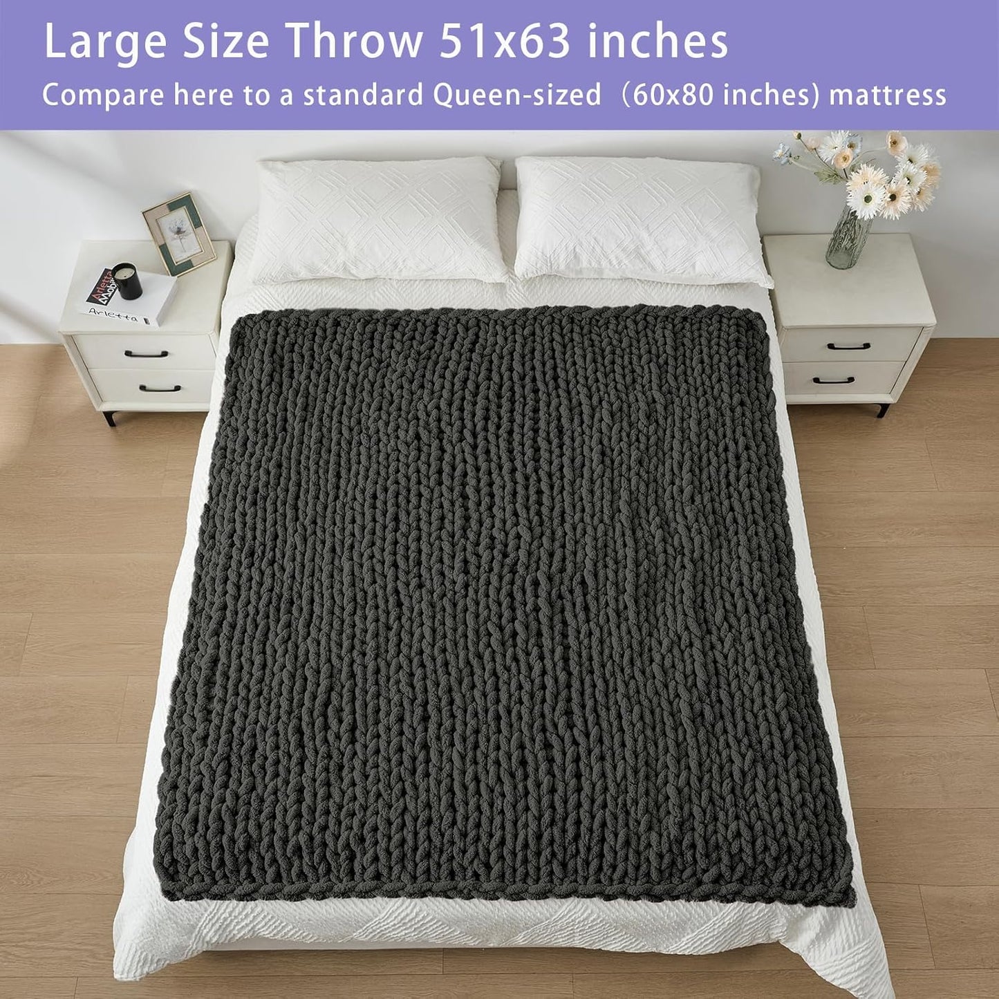 Bigacogo Chunky Knit Throw Blanket for Couch, 51x63 inches, 100% Hand Knitted with Thick Jumbo Chenille Yarn, Cozy Soft Large Rope Knot Cable Crochet Blankets for Sofa Bed Living Room, Dark Grey