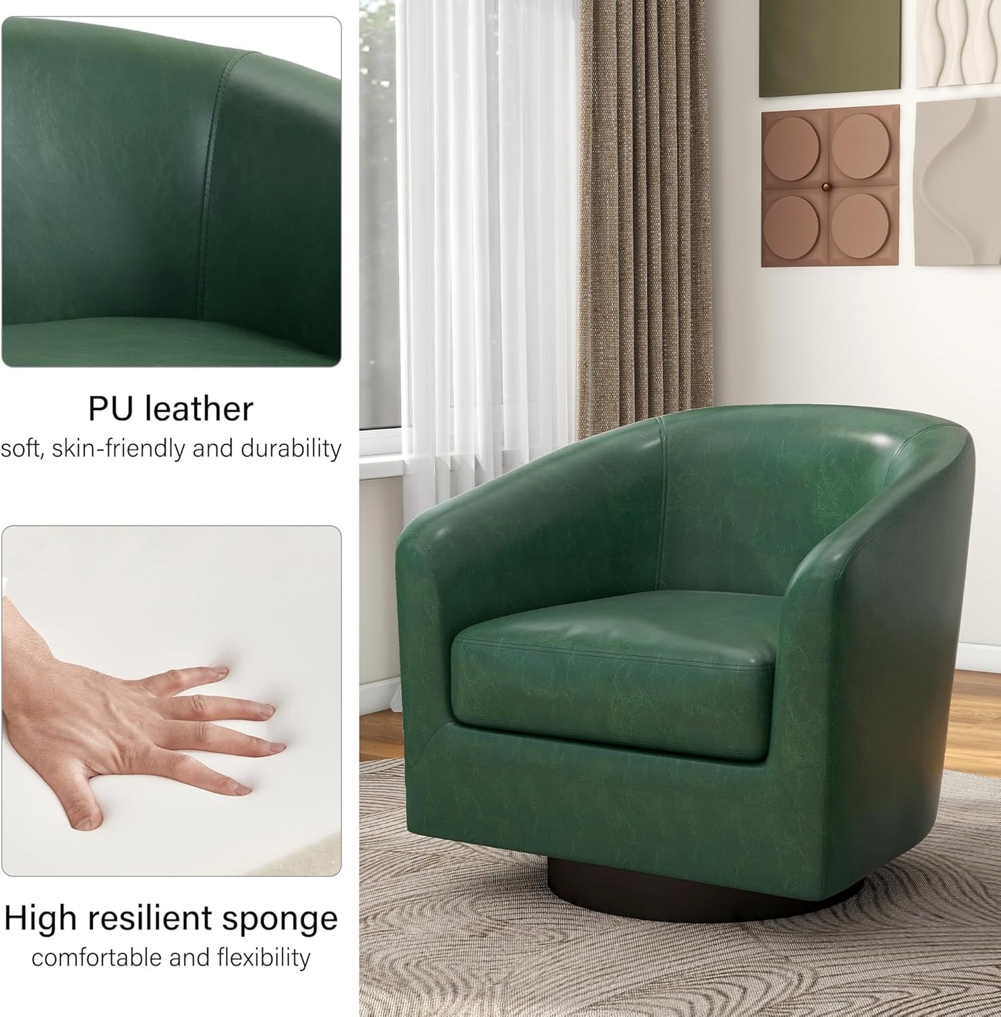 Swivel Barrel Accent Chair, Modern Round Faux Leather Arm Chair for Living Room, Bedroom, Comfy Club Reading Chairs for Adults(Faux Leather, Green, Set of 1)