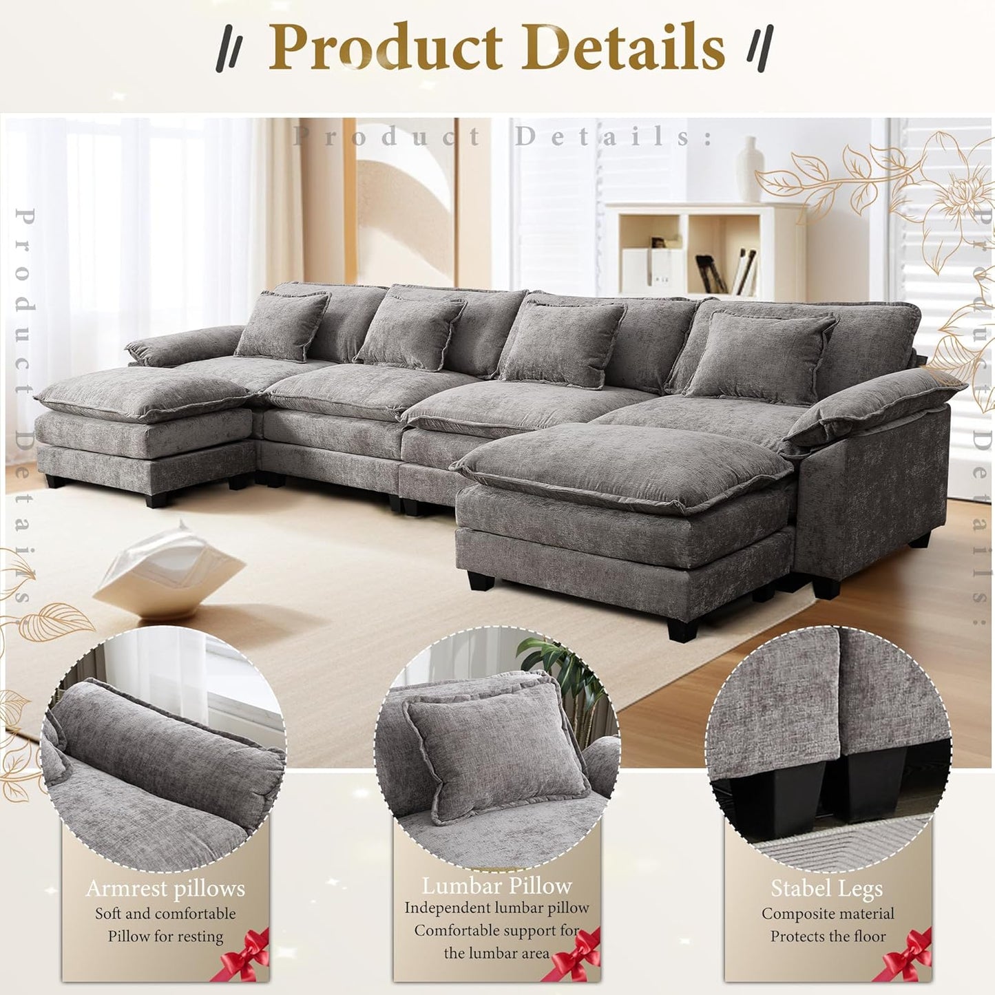 URRED Modular Sectional Sofa Comfy Cloud Couch, Modern Chenille Sofa Sleeper Deep Seat Couches with Ottoman/Pillows for Living Room (Gray, 154'' - U Shape)