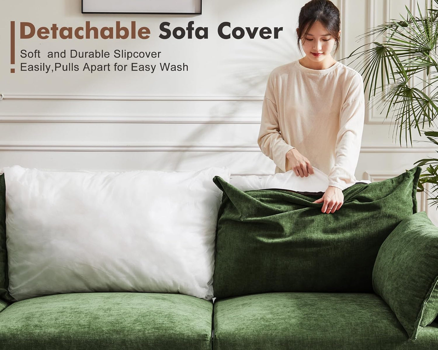 Luxury Modular Sectional Sofa, L-Shaped 3-Seat Couch with Storage Ottoman Deep Seat & Reversible Chaise Lounge Chenille Green for Compact Spaces, Apartments, Dorm