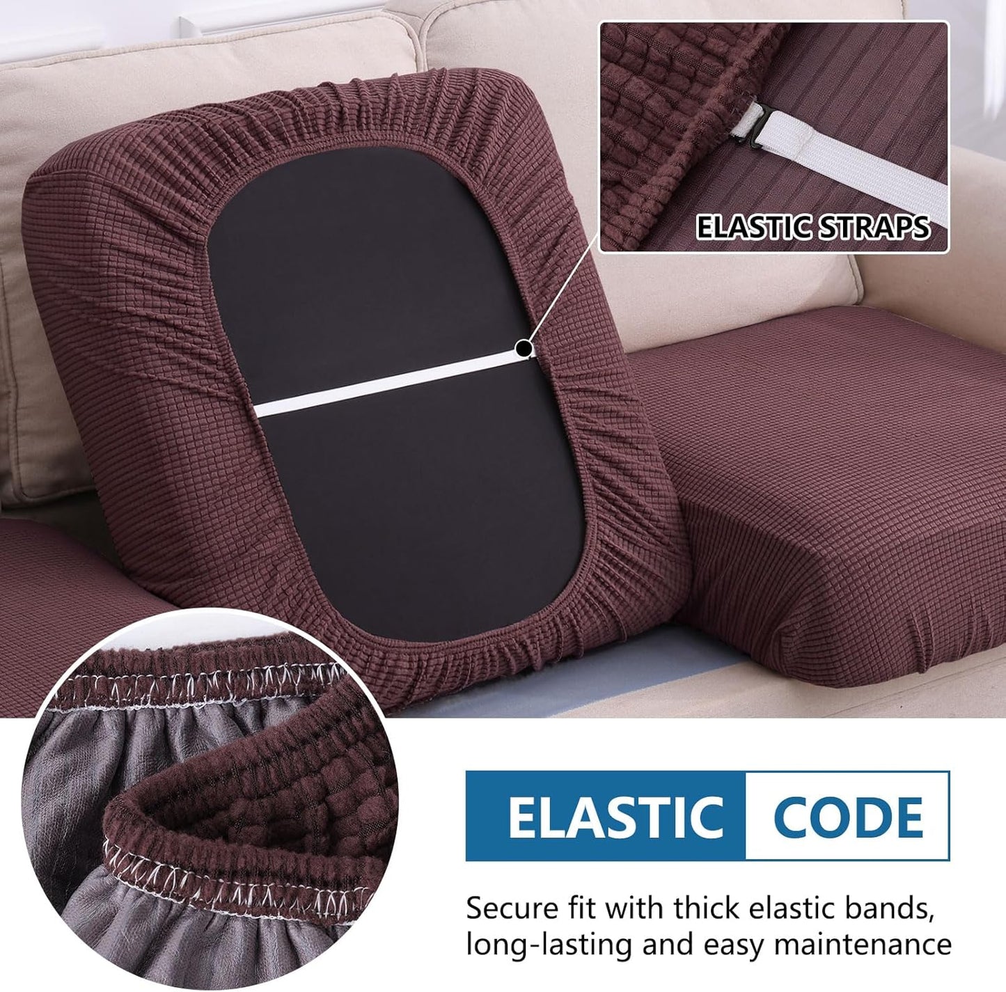 hyha Waterproof Couch Cushion Covers for Pets, Non Slip Sofa Seat Cover for Dogs Washable, Soft Thick Stretch Jacquard Fabric, Sofa Slipcovers with Elastic Bottom (2 Pieces, Chocolate)