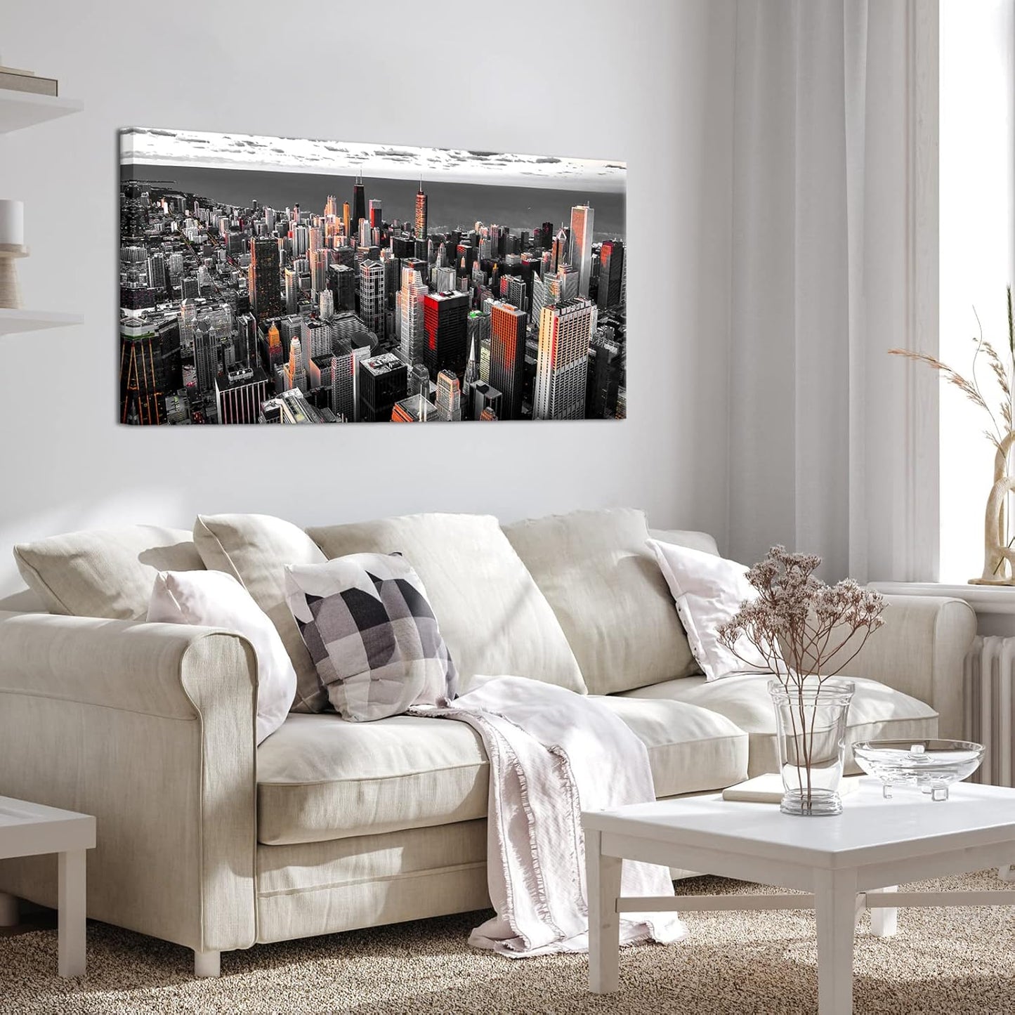 Nachic Wall Black and White Chicago Canvas Print Art Modern Chicago Downtown at Sunset Pictures Painting Modern Cityscape Giclee Artwork for Home Office Living Room Bedroom Decoration 24x48Inches