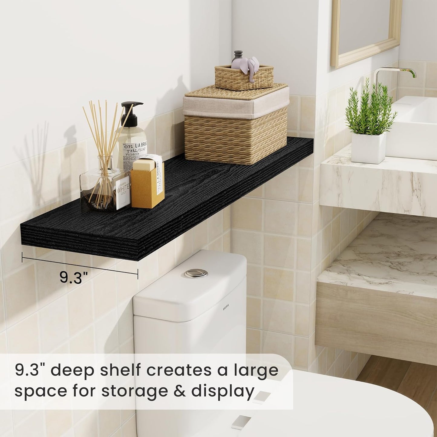 Fun Memories 40" Rustic Wood Floating Shelves with Invisible Brackets for Storage & Decor, Deep Wall Mounted Shelves for Bathroom, Kitchen, Living Room (Black, Set of 2)