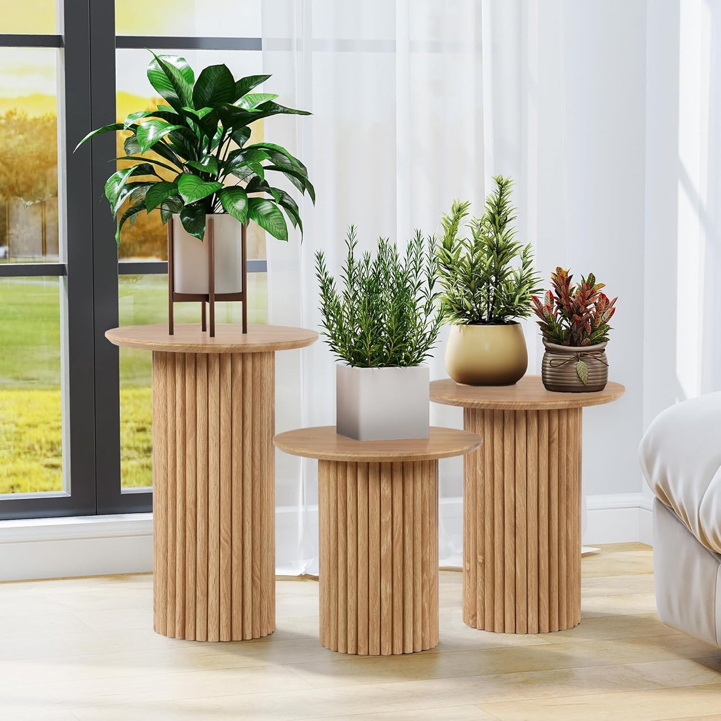 Round Nesting Coffee Table Set of 3,Mid Century Modern Fluted Coffee and End Table Set,Small Circle Wooden Side Table Drink Table for Living Room (Natural)