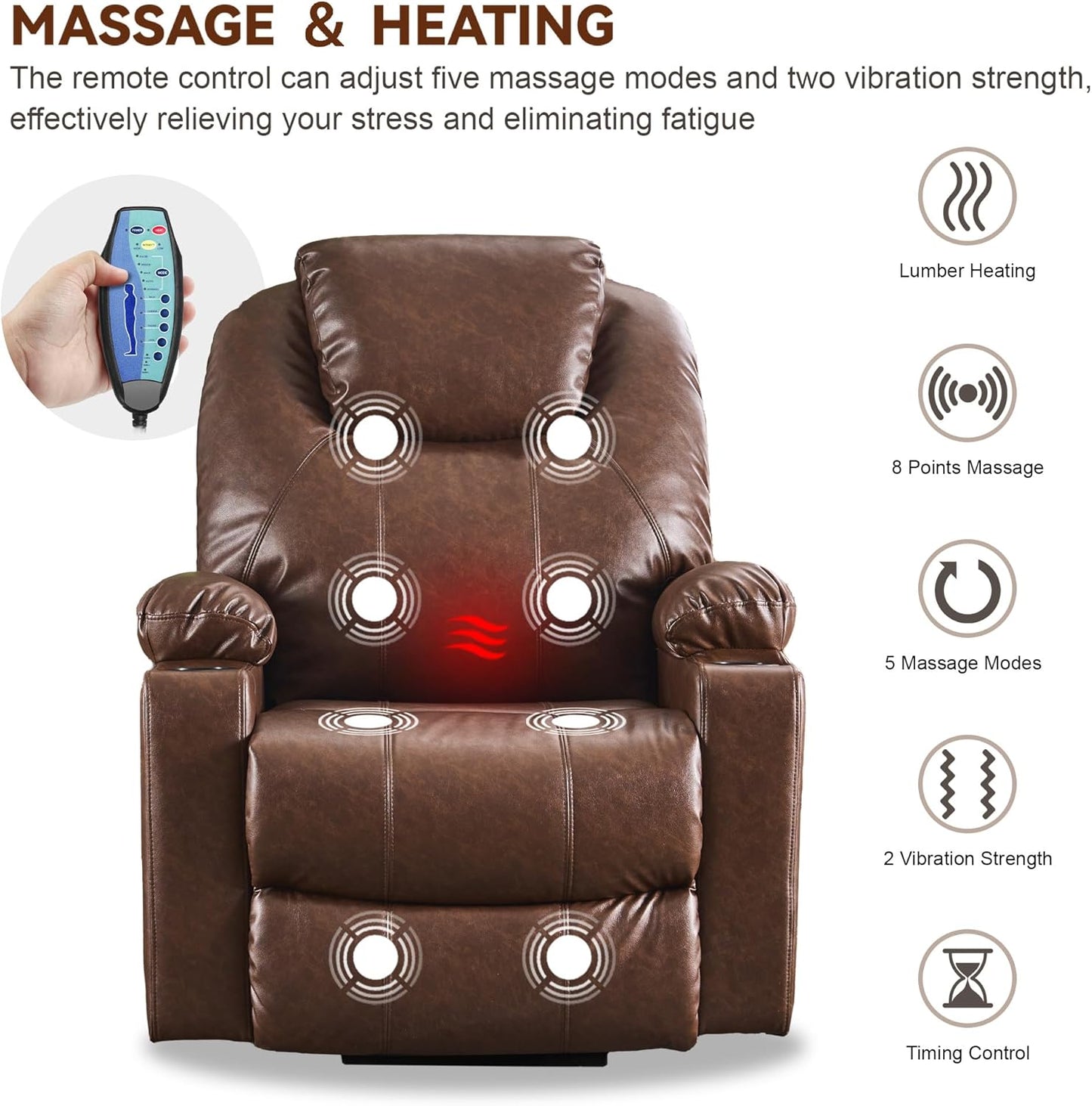 SALOHZA Power Lift Recliner Chair for Elderly with Massage and Heat for Living Room, Electric Recliner Chair for Adults with USB/Type C Port/Cup Holders, PU Faux Leather, Dark Brown