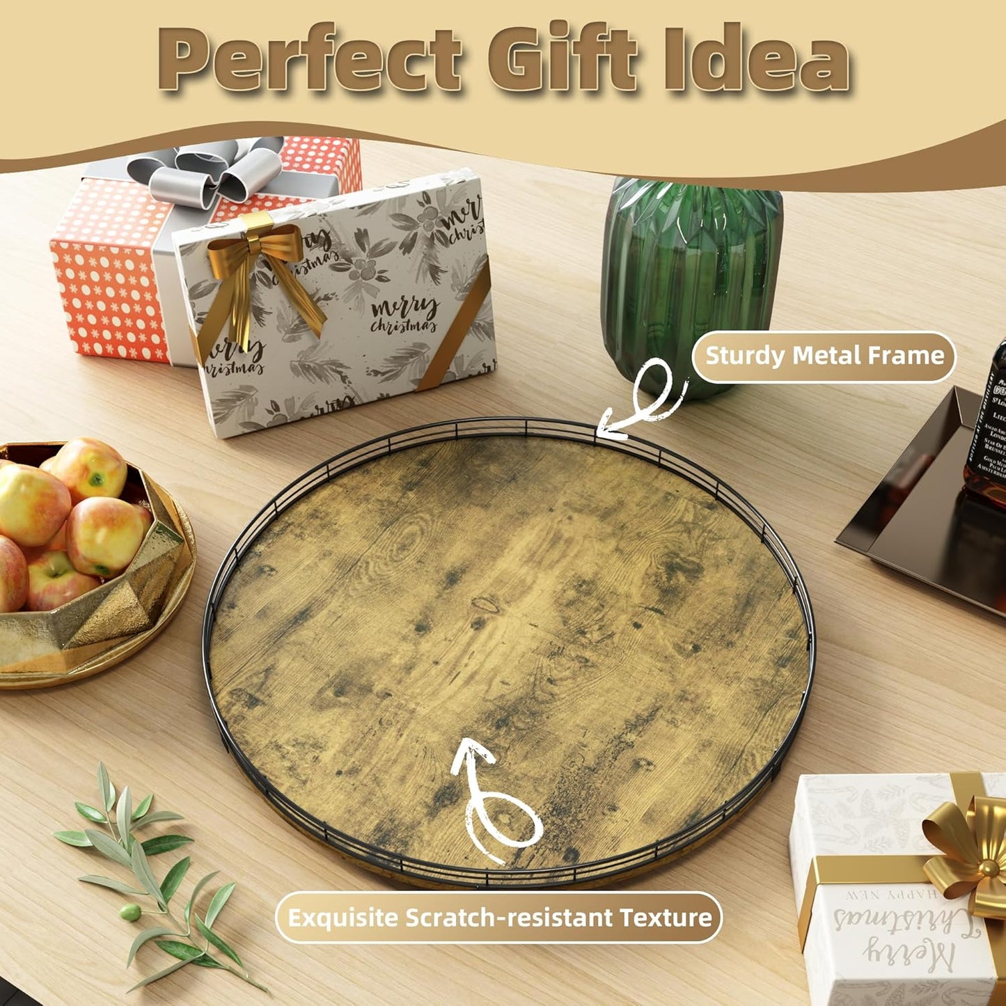 Lazy Susan Turntable Organizer for Table Top, 21’’ Round Wooden Lazy Susan for Cabinet Kitchen Countertop Pantry Dining Coffee Table for Condiments Spices, Rustic Bathroom Vanity Tray for Soap Candle