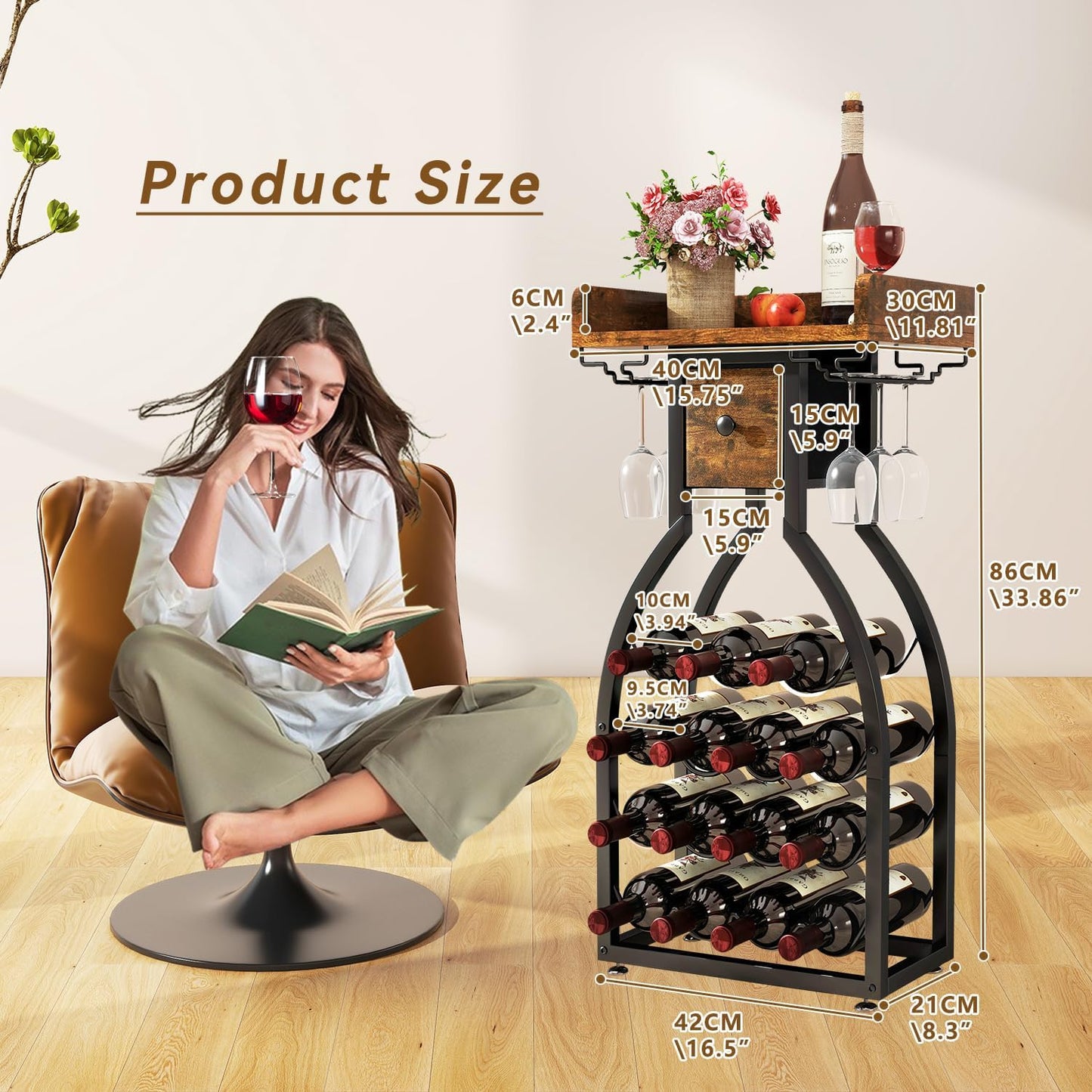 IBUYKE Wine Rack Freestanding Floor,Wine Storage 15 Bottles Bottle Rack with Glass Holders, Mini Bar Wine Cabinet with Storage Drawer for Home Bar Kitchen Dining Room,Rustic Brown,UTMJ908H