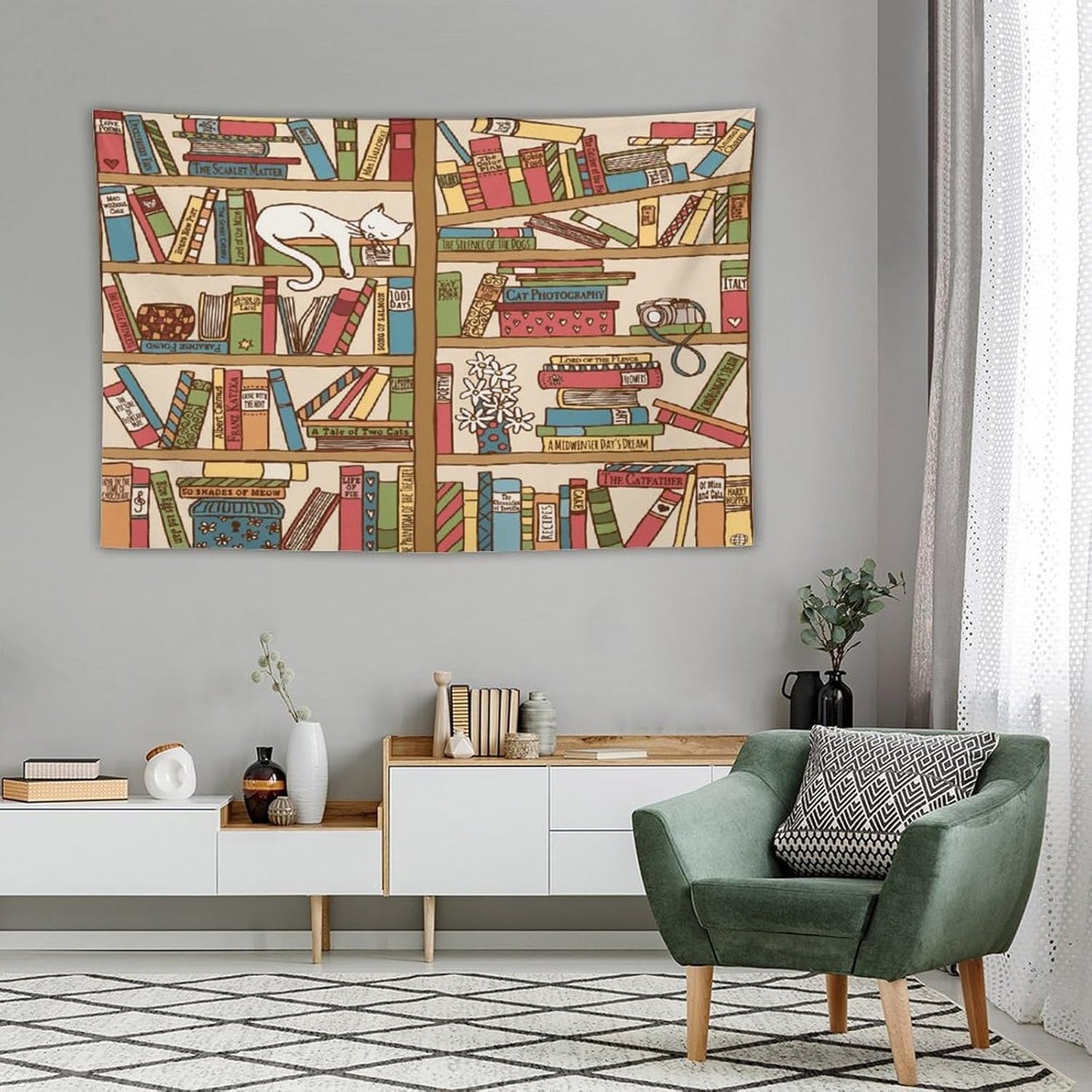 Kurtect Bookshelf Tapestry,Cute Cartoon Cat Sleeping Library Theme Pattern Print Tapestries for Party Beach Picnic Blankets Tablecloths Living Room Wall Deocr, 60x90 in