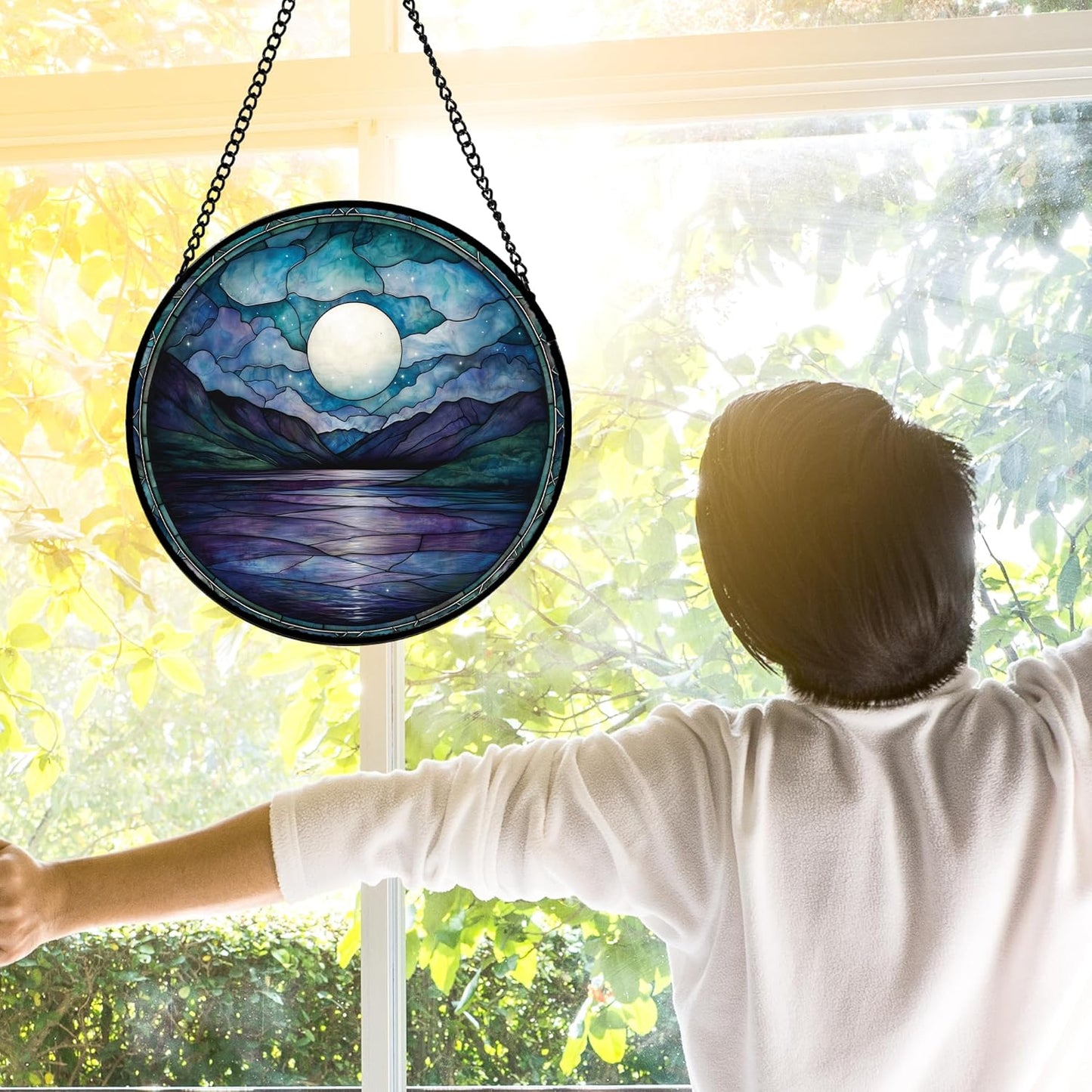 Stained Glass Window Hanging, Blue Night Moon Lake Sun Catchers Colorful Glass Panel Landscape Suncatcher Decor for Birthday for Women, Men, Wife, Aunt, and Mom 9.8 in