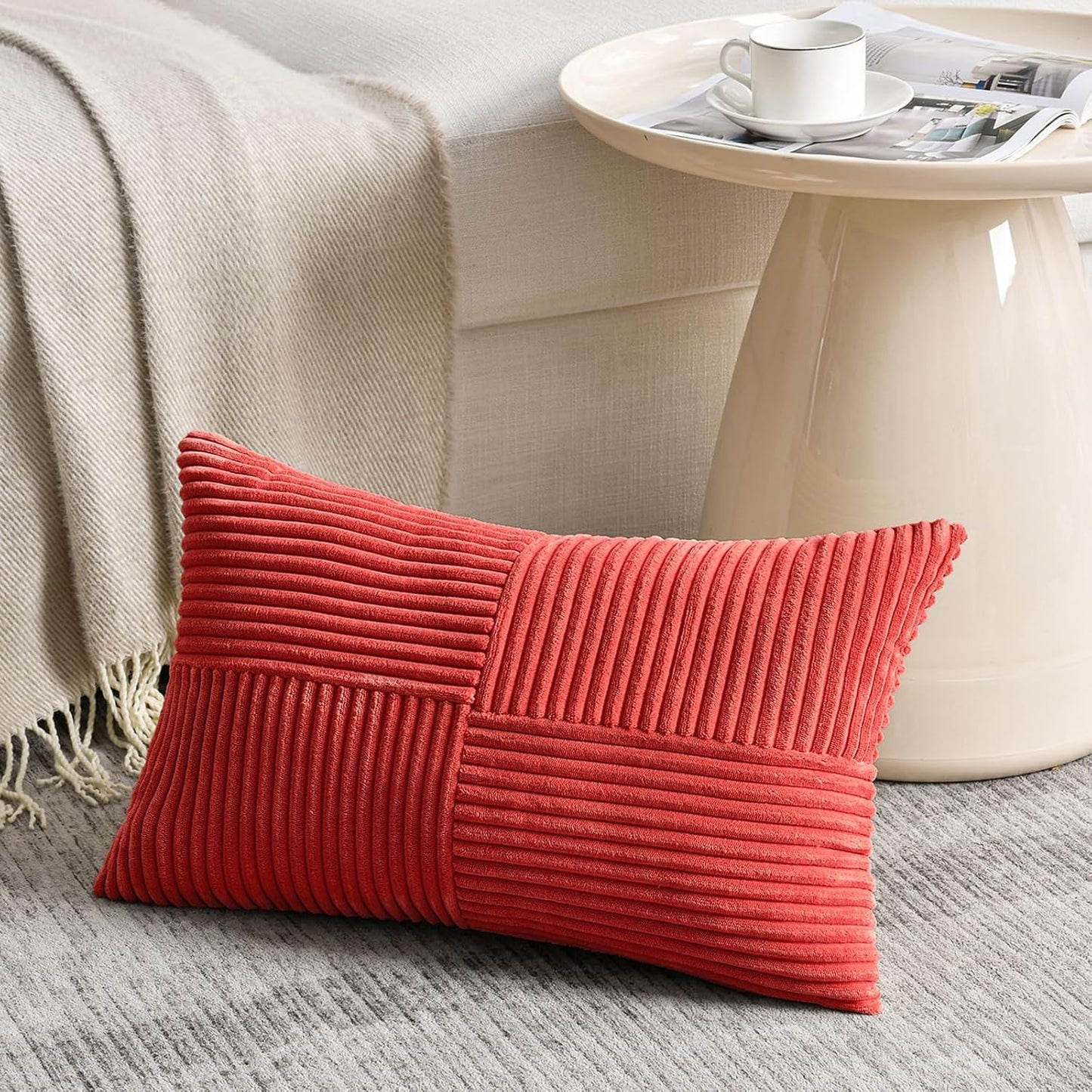 Fancy Homi 2 Packs Red Long Lumbar Decorative Throw Pillow Covers 12x24 Inch for Couch Bed Sofa, Holiday Christmas Home Decor Gift, Soft Striped Corduroy Rectangle Accent Cushion Case 30x60 cm