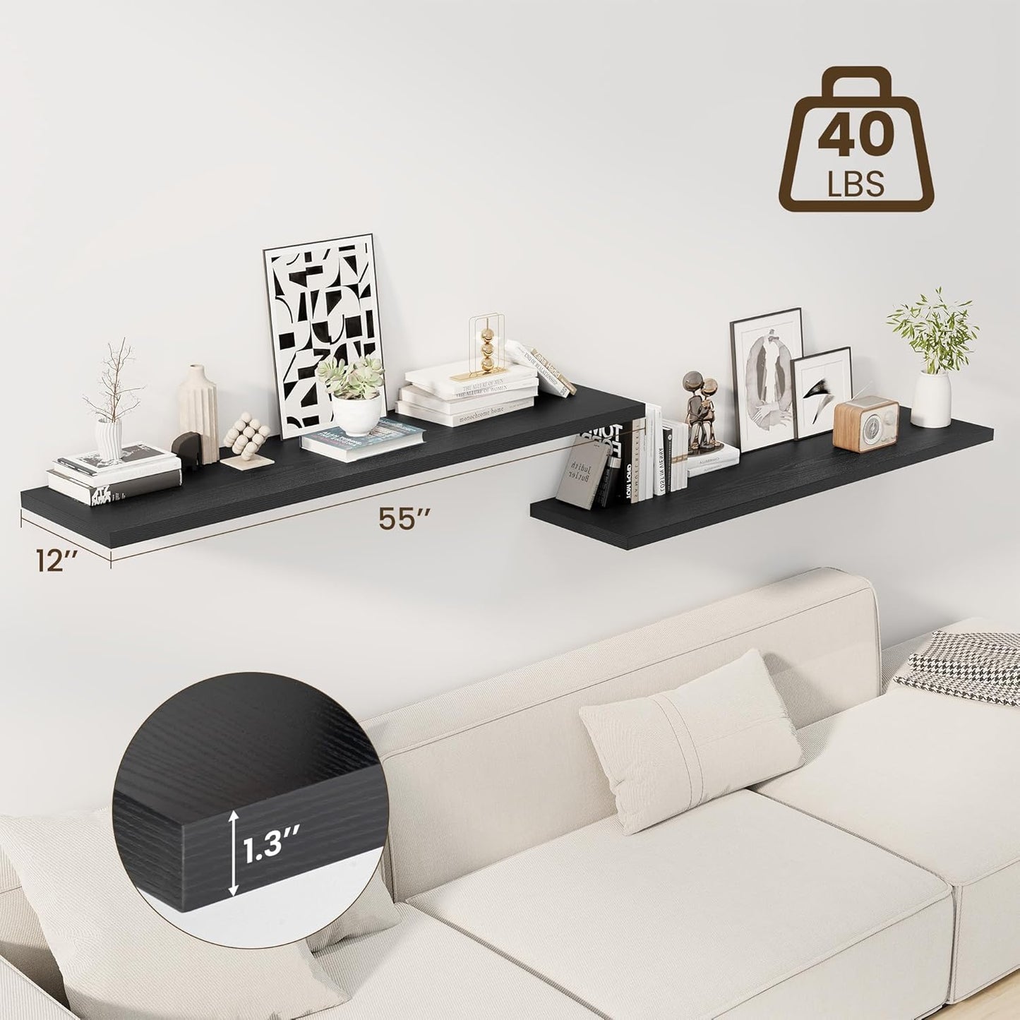 55" Floating Shelves for Wall, 12" Deep Slim Black Floating Shelves, Wall-Mounted Shelves for Bedroom, Living Room, Kitchen, Bathroom - Set of 2