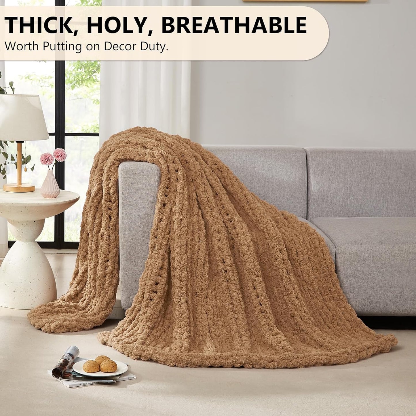 L'AGRATY Chunky Knit Blanket Throw: 50''x60'' Chenille Chunky Knitted Throw Blanket for Bed Couch - Handmade Thick Big Cable Knit Blanket - Large Crochet Rope Blanket for Home Decor(Tan)