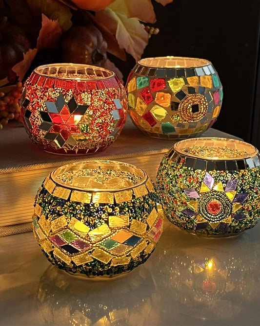 SHMILMH Glass Candle Holder Set of 4, Diwali Gift Votive Candle Holders Handmade Mosaic Glass Tealight Holders Diwali Christmas Table Decorations for Home