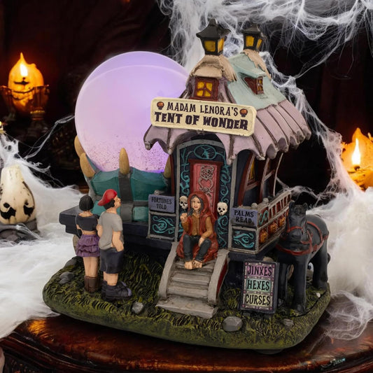 Madam Lenora's Tent of Wonder Halloween Village with Multicolor LED Lights & Swirling Iridescent Globe