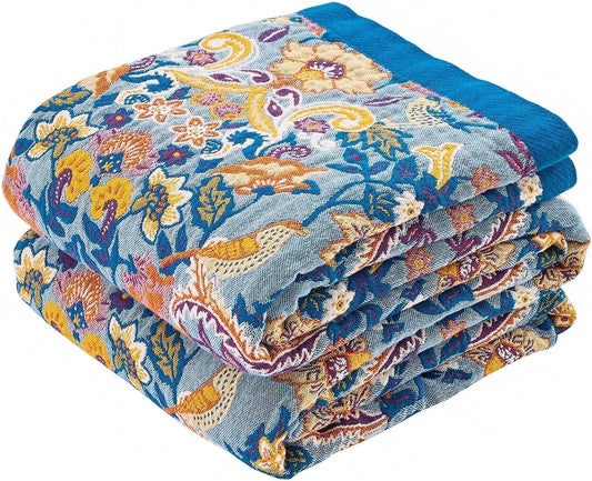 Boho Throw Blanket for Bed, 100% Cotton Soft Rustic Quilt Fall Blanket, 60"x80" Floral Printed Farmhouse Decor Bed Blankets, All Season Rustic Reversible Bohemian Throw Quilt