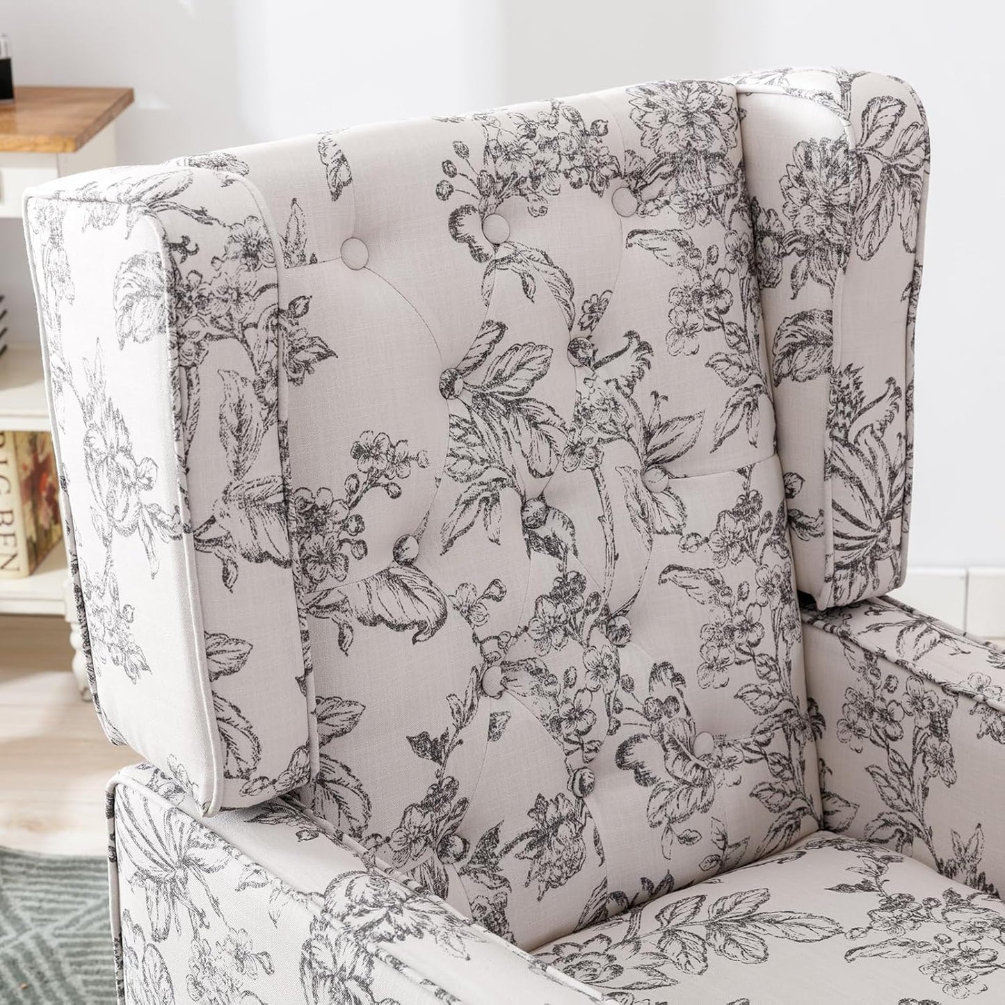 DUOMAY Tufted Accent Chair, Modern Linen Upholstered Wingback Side Arm Chair for Living Room Bedroom with Wood Legs, Comfy Reading Guest Chair for Office, Beige Flower Pattern