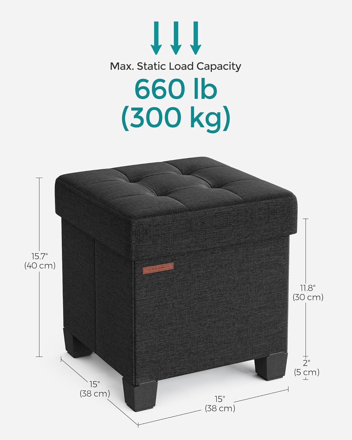 SONGMICS Storage Ottoman, Small Ottoman Foot Rest with Legs, 15 x 15 x 15.7 Inches Foot Stool, Load up to 660 lb, for Living Room, Bedroom, Dorm, Ink Black ULSF014B01