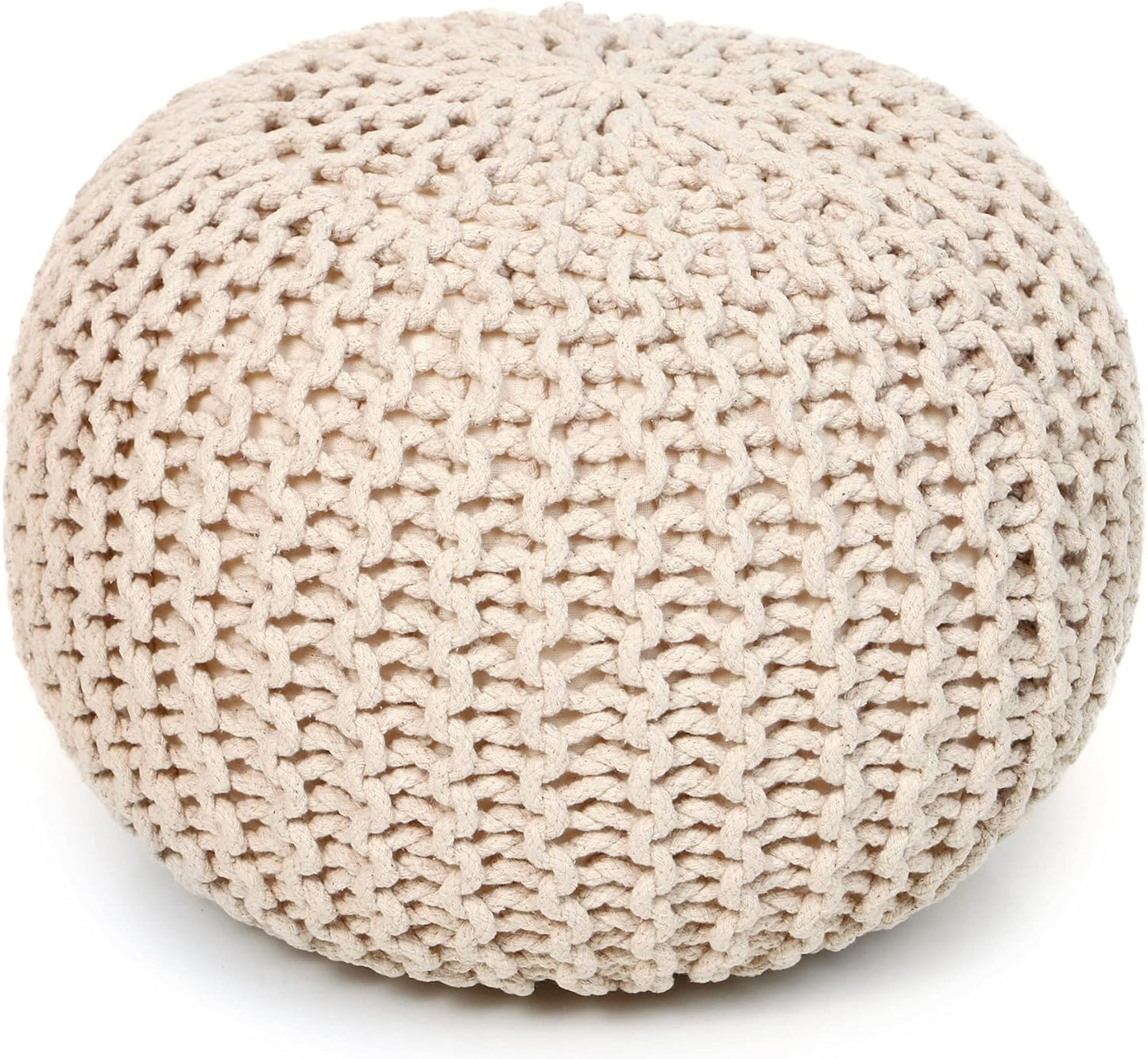REDEARTH Round Pouf Ottoman –18"x18"x14" Hand-Knitted Cotton Pouffe –Cable Footstool –Boho Dori Hassock –Pre-Stuffed Poof – Extra Seat -Poofy Footrest for Living Room, Bedroom, Nursery, Nook –Ivory