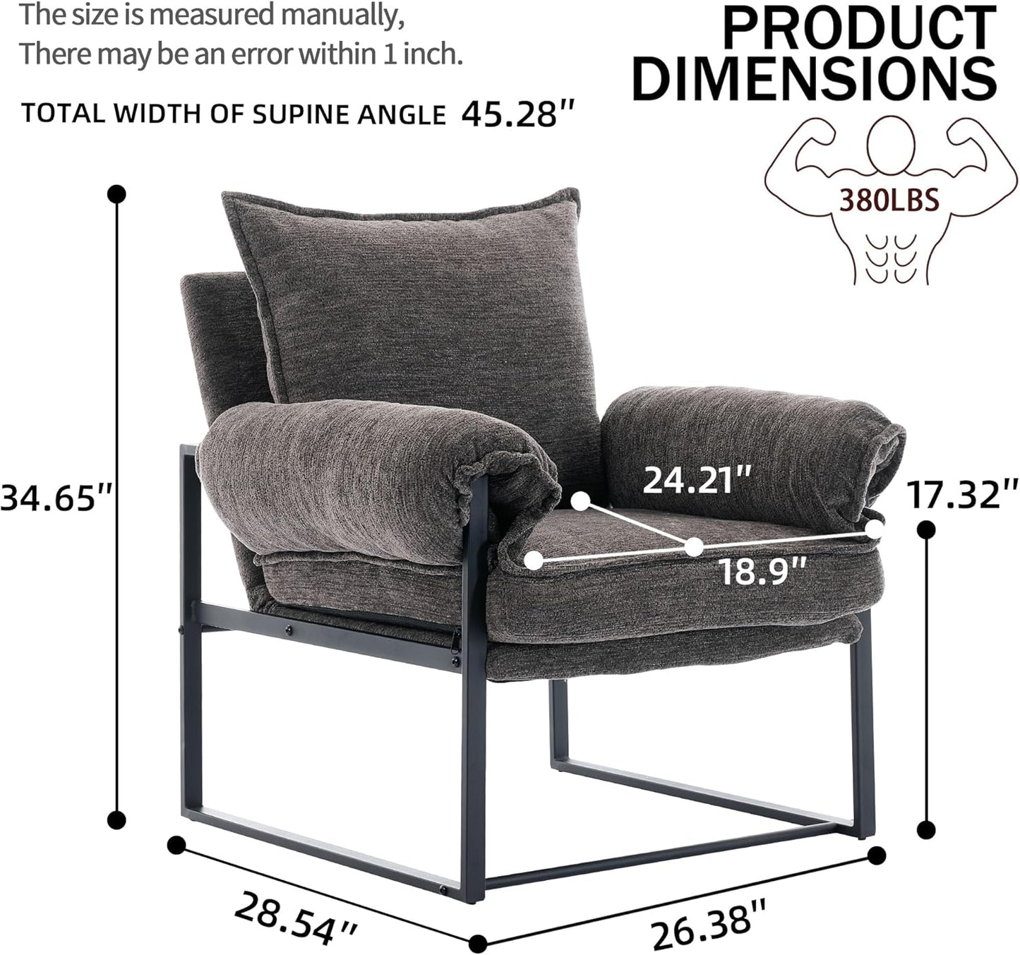 YISHENG Accent Chair with 6-Angle Adjustable Backrest, Chenille Fabric Living Room Chair Upholstered Lounge Chair, Modern Chair Cozy Reclining Chair for Reading Room, 1PC Gray