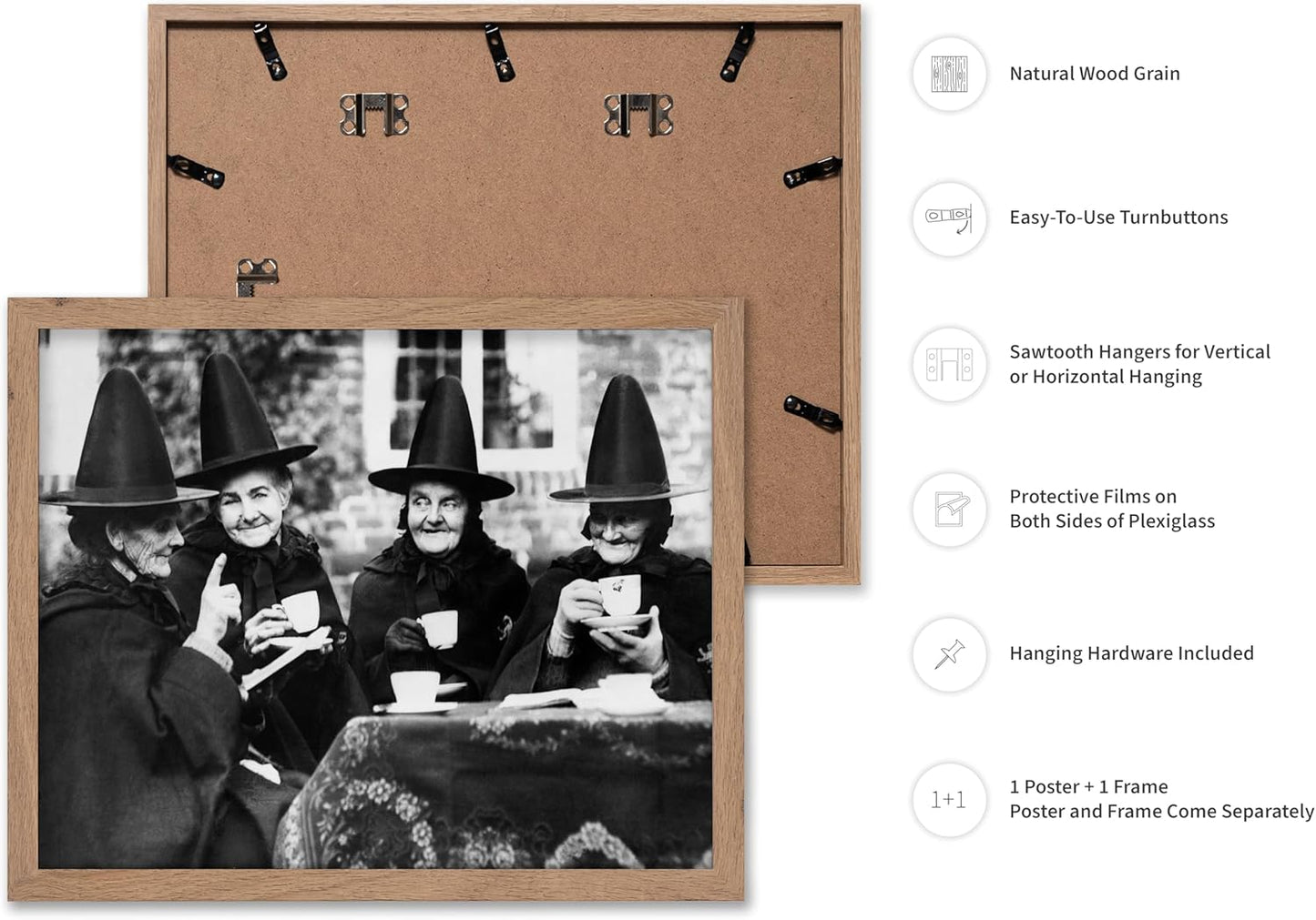 Poster Master Classic Photograph Poster - Vintage Halloween Print - Gift for Artist, Friend - Witches Tea Party, Old Women Smiling, Wearing Robes - Wall Decor for Living Room, 11x14 Beige Framed