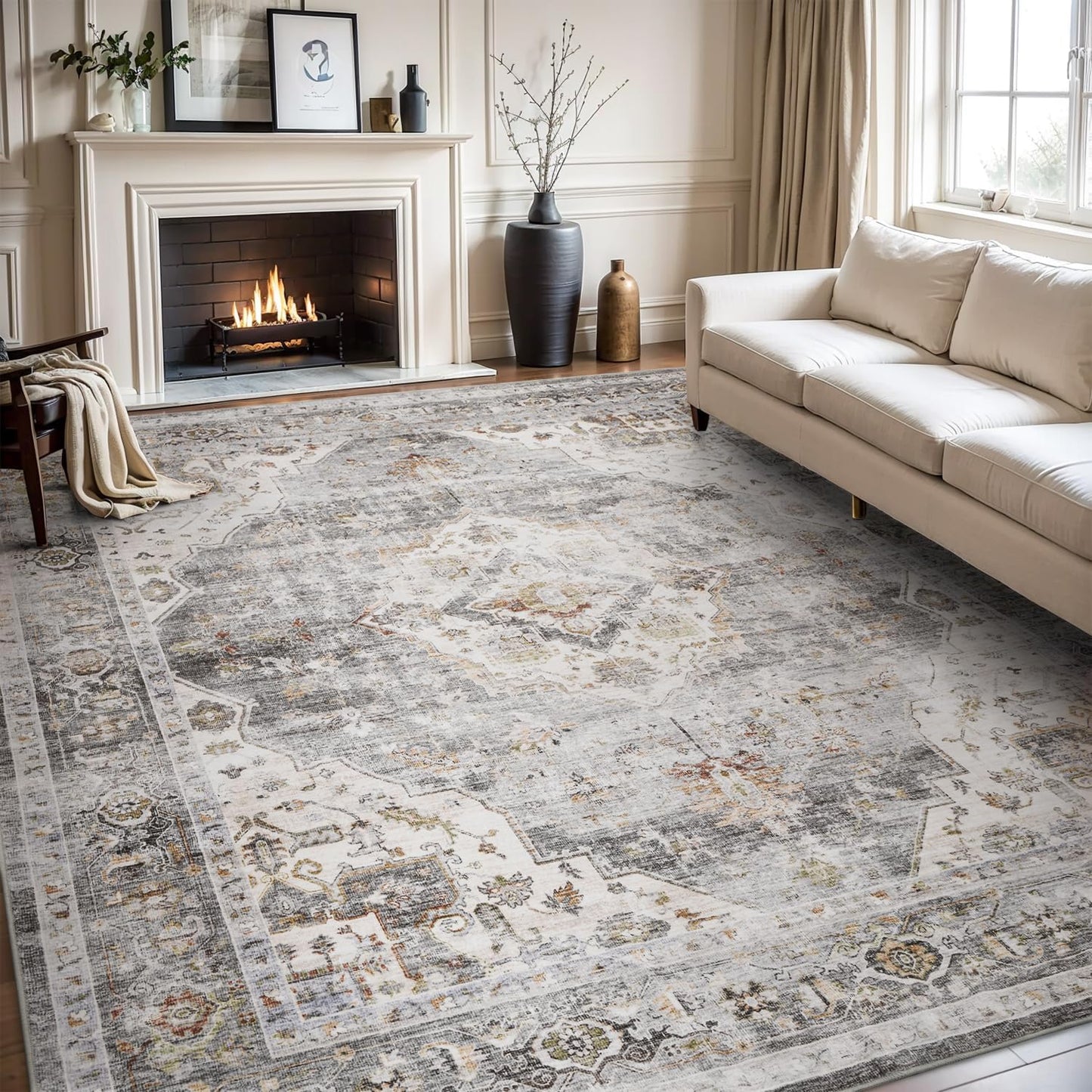 AMOAMI-Area Rug 5X7 Rugs for Living Room-Vintage Soft Grey Rugs for Bedroom-Non Slip Carpet-Machine Washable Rug for Dining Room Living Room Bedroom Office Under Table