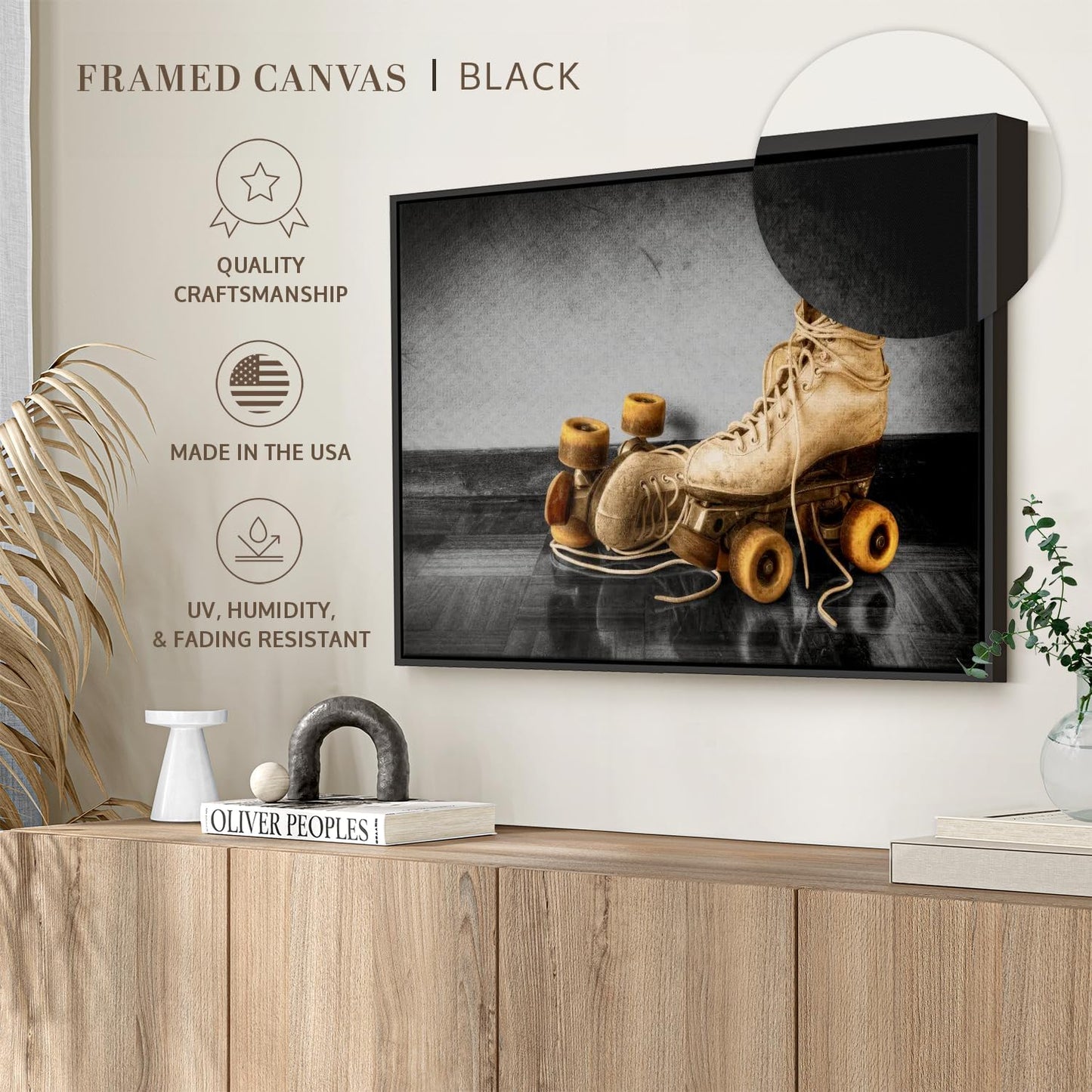 ElephantStock Vintage Skates Pop Wall Art - Horizontal Framed Canvas - 1-Piece Living Room Wall Decor - Sport Photography Canvas Print - Beige and Black Decor for Wall - 43" X 29"