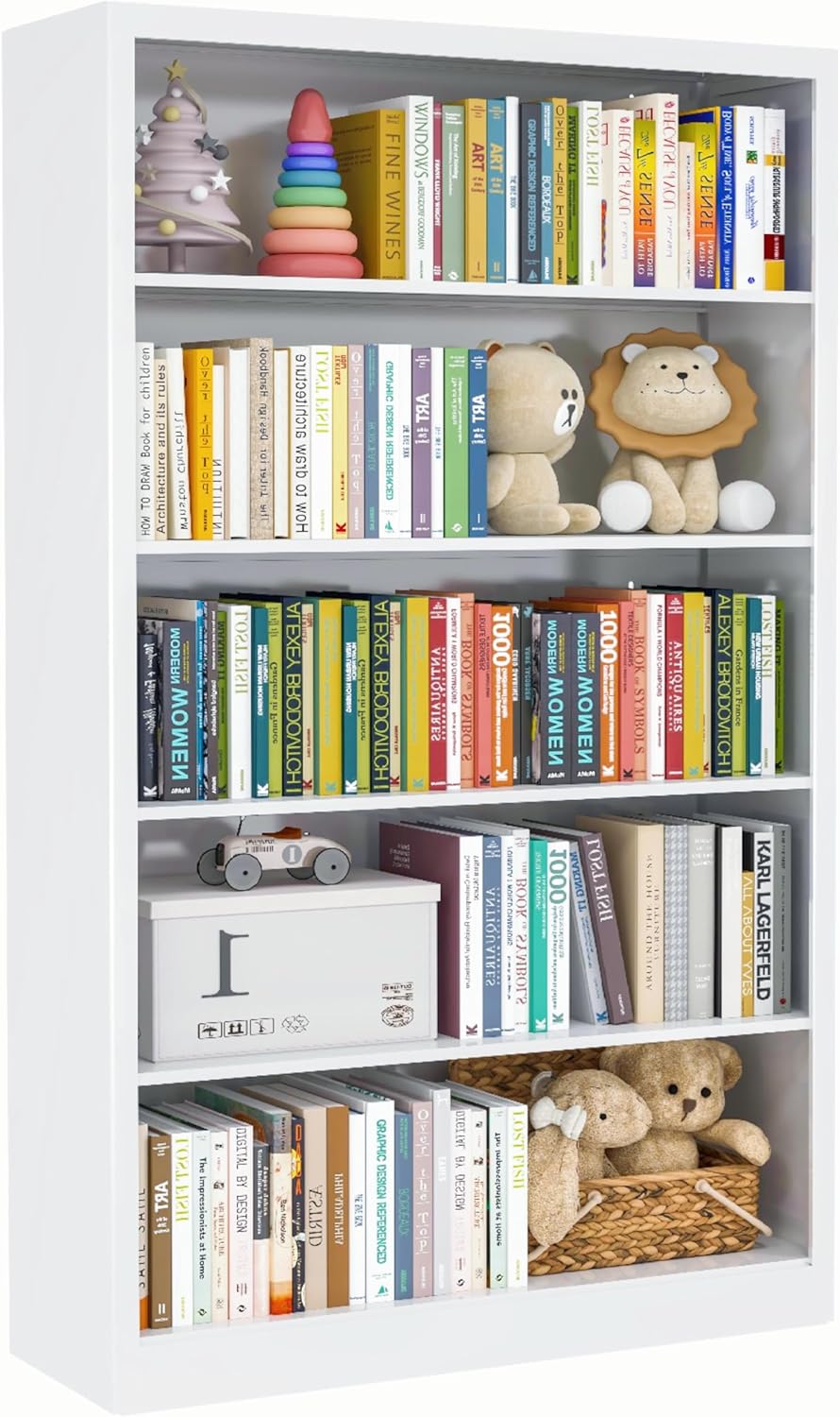 White Bookshelf, 55” Adjustable Tall Metal Bookshelf, 5-Tier Wide Bookshelf with Anti-Tilt Device, Modern Book Cases and Book Shelves for Bedroom, Living Room, Playroom, Study