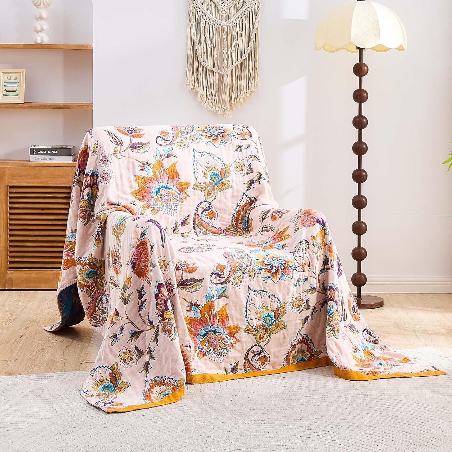 Boho Throw Blanket for Bed, 100% Cotton Soft Rustic Quilt Fall Blanket, 60"x80" Floral Printed Farmhouse Decor Bed Blankets, All Season Rustic Reversible Bohemian Throw Quilt