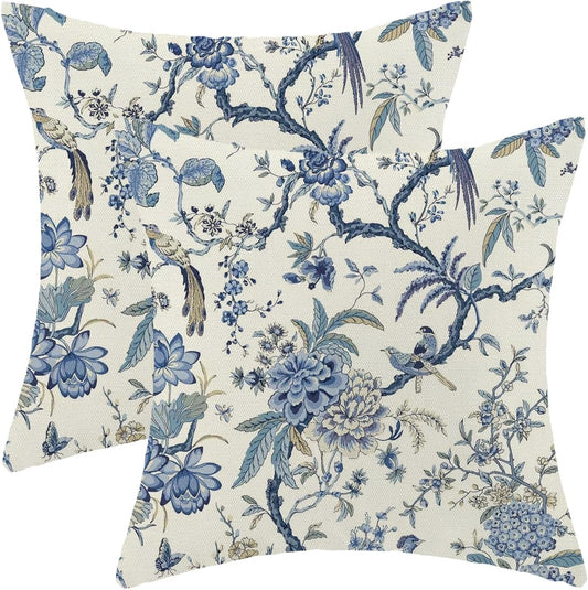 CXMEIFLY Spring Floral Birds Pillow Covers 22 x 22 Inch Set of 2 for Chinoiserie Flowers Decor Throw Pillows Blue and White Plant Outdoor Decorative Cushion Cases for Couch Bed Decorations
