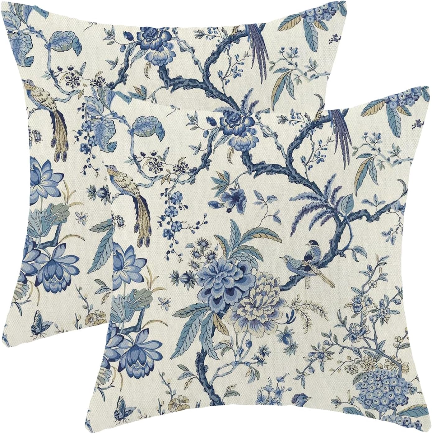 CXMEIFLY Spring Floral Birds Pillow Covers 24 x 24 Inch Set of 2 for Chinoiserie Flowers Decor Throw Pillows Blue and White Plant Outdoor Decorative Cushion Cases for Couch Bed Decorations