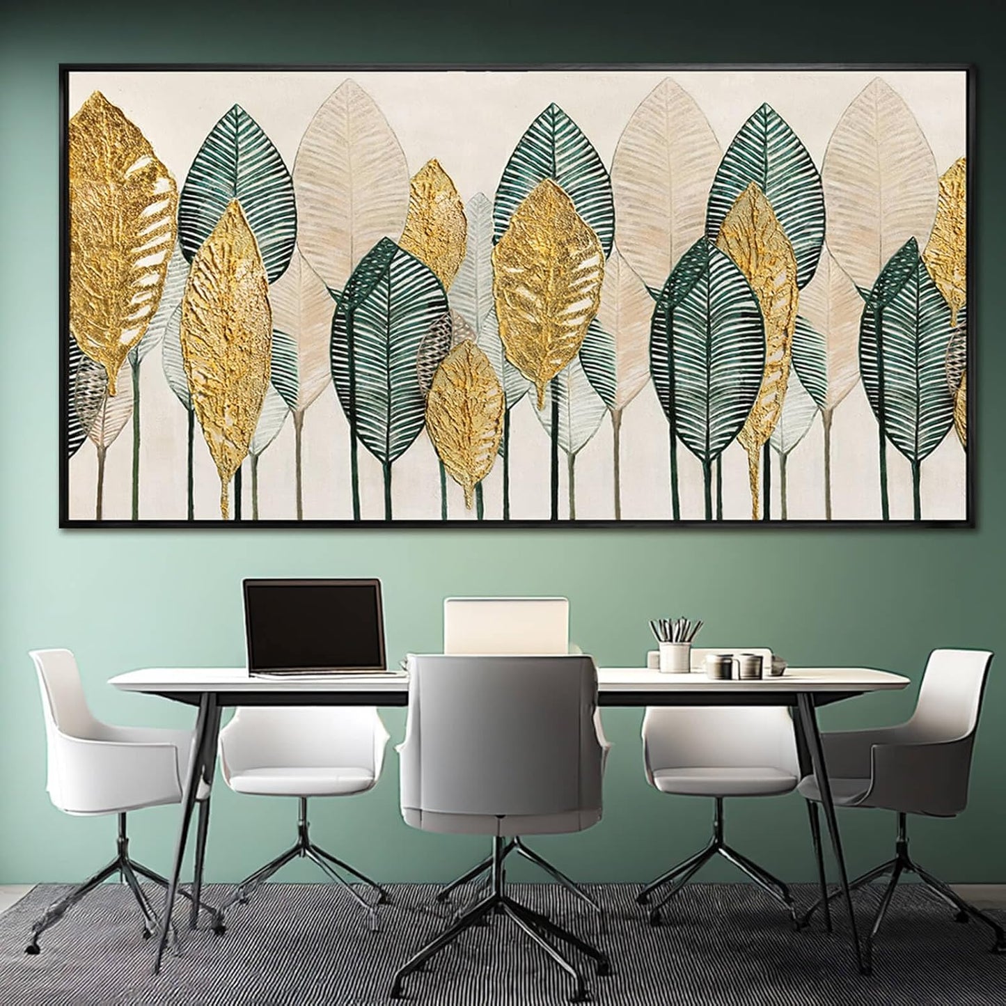 Contemporary Framed Wall Art Green and Gold Wall Decor Leaves Wall Prints Line Wall Posters 29"x58" Living Room Decorations Kitchen Art