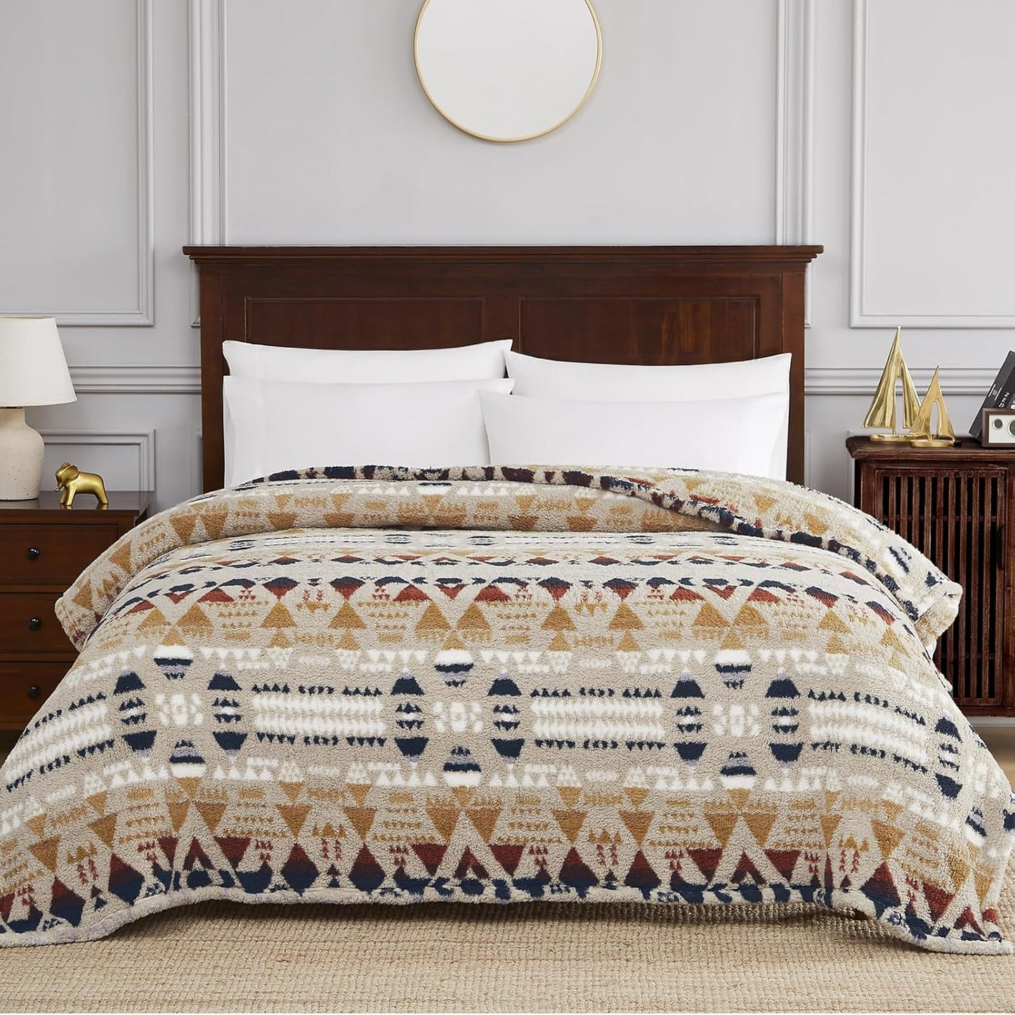 CASAAGUSTO Boho Sherpa Throw Blanket, Aztec Queen Blanket, Ultra Soft, Warm, Cozy, Plush, Thick Fleece Bohemian Throw Blanket for Couch, Bed, Sofa (Khaki 90 * 90 Inch)